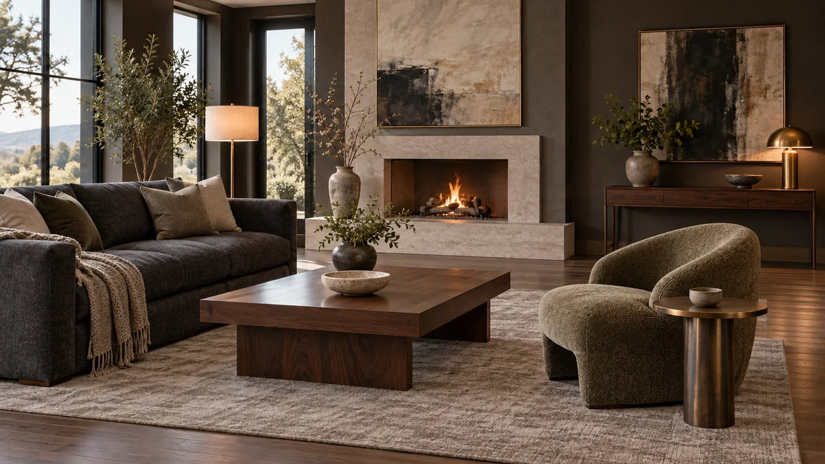 Moody modern living room with a walnut coffee table, side table and slender console arranged around charcoal seating.