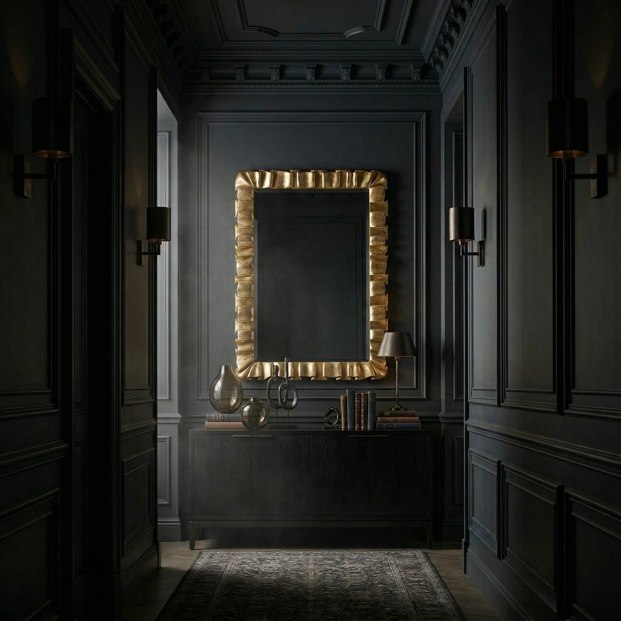 34 Arcadian Mirror - Champagne Leaf by Ambella Home styled above a dark wood credenza in a dramatic luxury hallway, featuring a sculptural rectangular frame with softly folded edges and a luminous champagne leaf finish