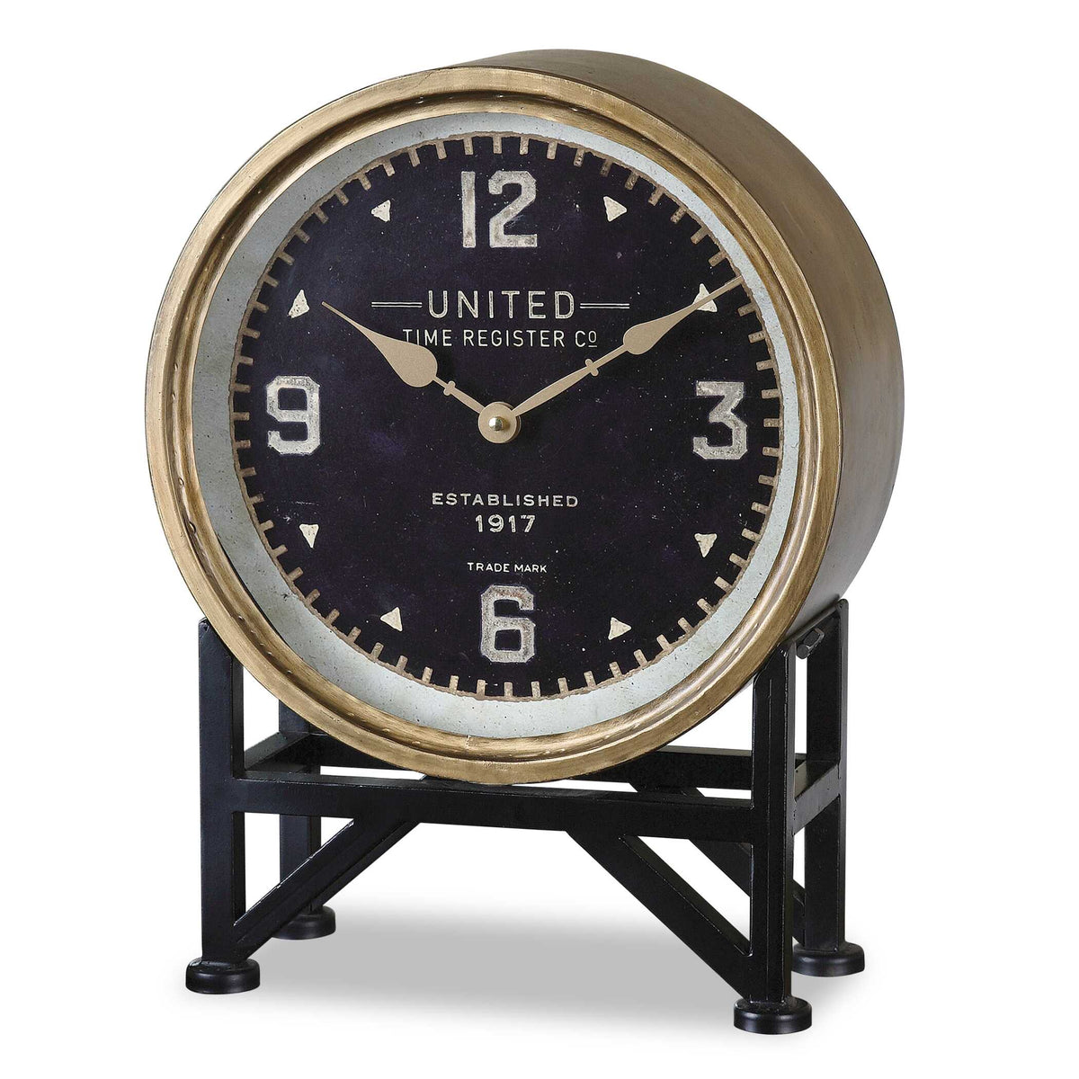 12 inch brass finish table and desk clock with black stand