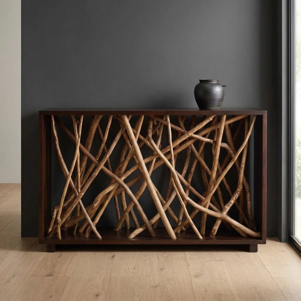 54" Walnut Stain Solid Mahogany Console Table with Teak Branches. This 54-inch console table is constructed from solid mahogany wood in a rich walnut stain, with natural teak branches arranged within the frame. Shown in a Dark Japandi entryway.
