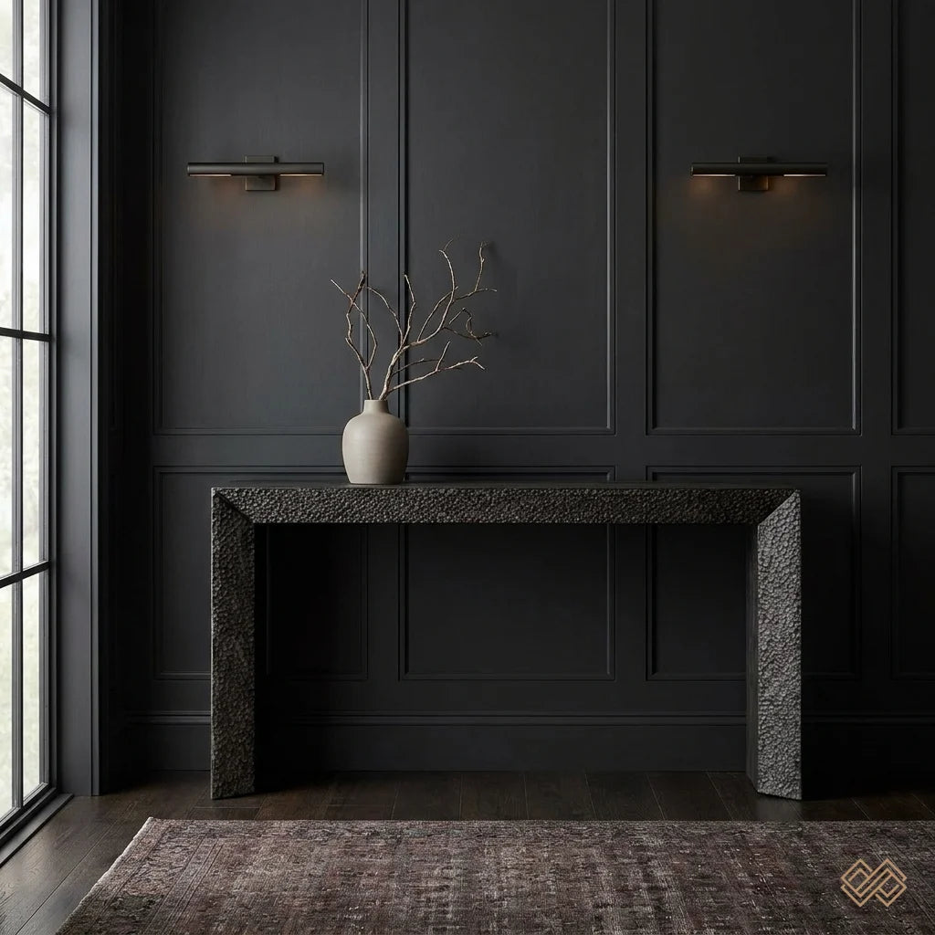 62" Ebony Elm Wood Console Table with Chiseled Texture. Dimensions: 61.8" W x 14" D x 32" H Weight: 51.5 lbs Materials: Elm Wood, Elm Veneer, Plywood Use: Indoor Only Designer: Jim Parsons. Shown in a Modern Dark Academia entryway.
