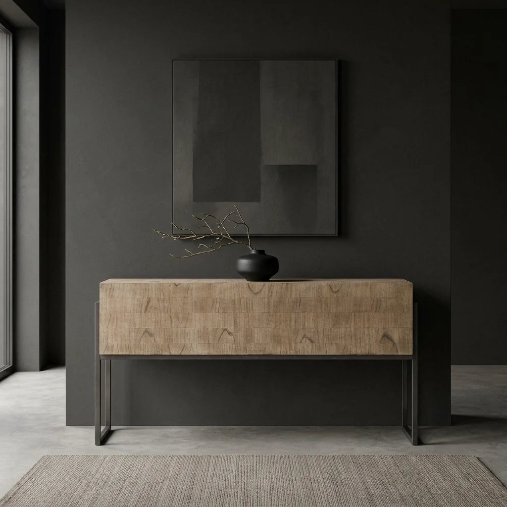 60" Light Oatmeal Wash Mahogany Console Table with Iron Frame. Light, hand-washed wood can brighten a room without turning pale, and that is the quiet strength of this 60-inch console table. Shown in a Dark Japandi entryway.