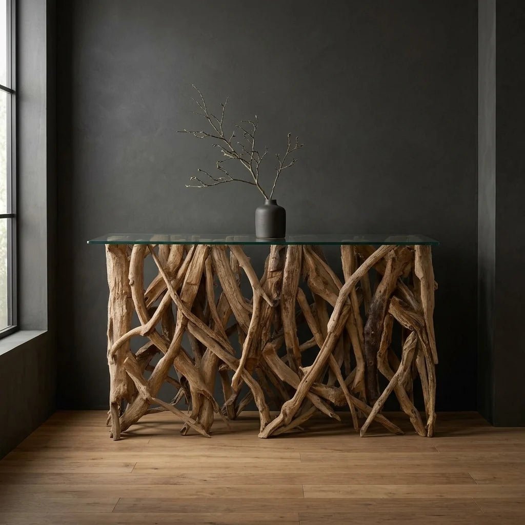 59" Natural Teak Console Table with Clear Glass. This console table is natural teak wood, crafted from its natural form into an artistic, precisely honed sculpture beneath clear glass. Shown in a Dark Japandi entryway.