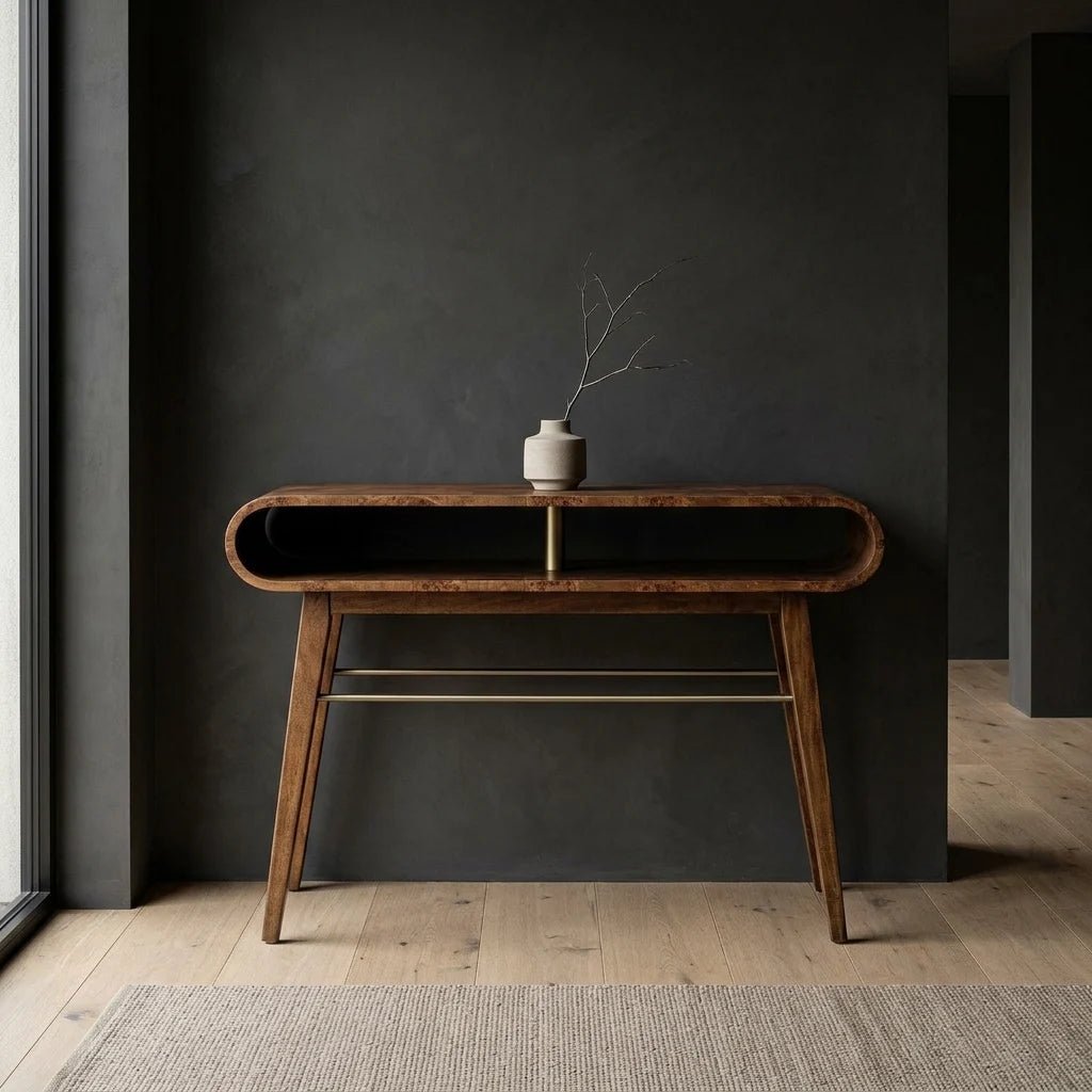 46" Mid-Century Modern Burl Veneer Console Table. This 46-inch console table brings mid-century modern charm, crafted from rich burl veneer and java wood. Shown in a Dark Japandi entryway.