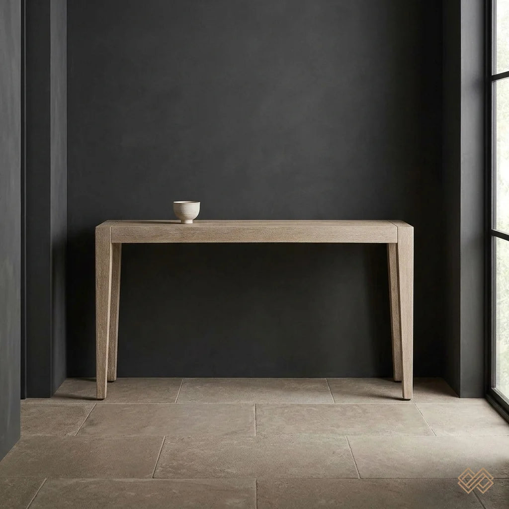 60" Cerused Wheat Solid Mahogany Indoor-Outdoor Console Table. This 60-inch console table is solid mahogany with a cerused wheat finish, a smooth finish and plenty of attention to detail. Shown in a Dark Japandi entryway.