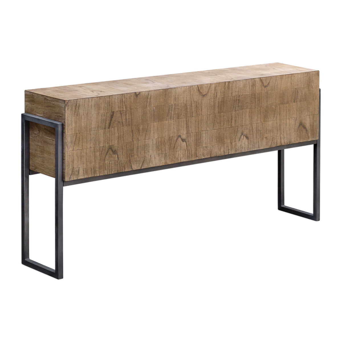 60-inch light oatmeal wash mahogany console table with an aged iron frame, angled view