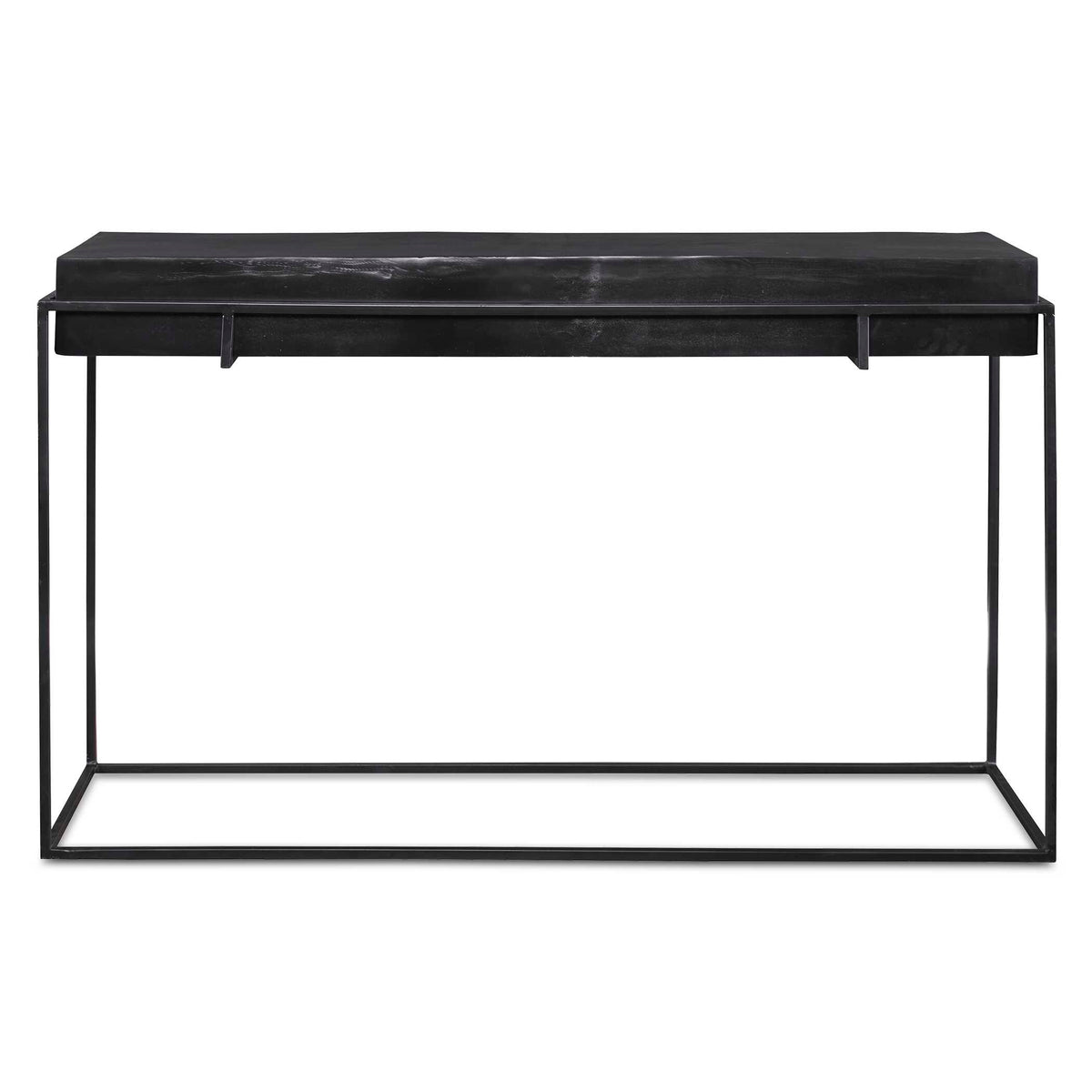 55-inch cast aluminum top console table in plated antique black on an iron base, front view