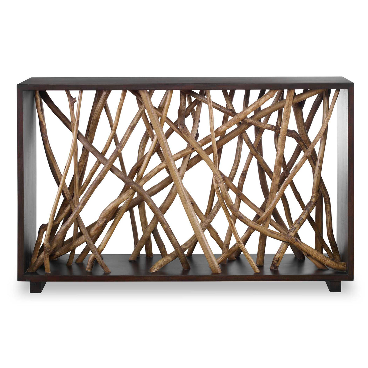 54-inch walnut stain solid mahogany console table with natural teak branches, front view