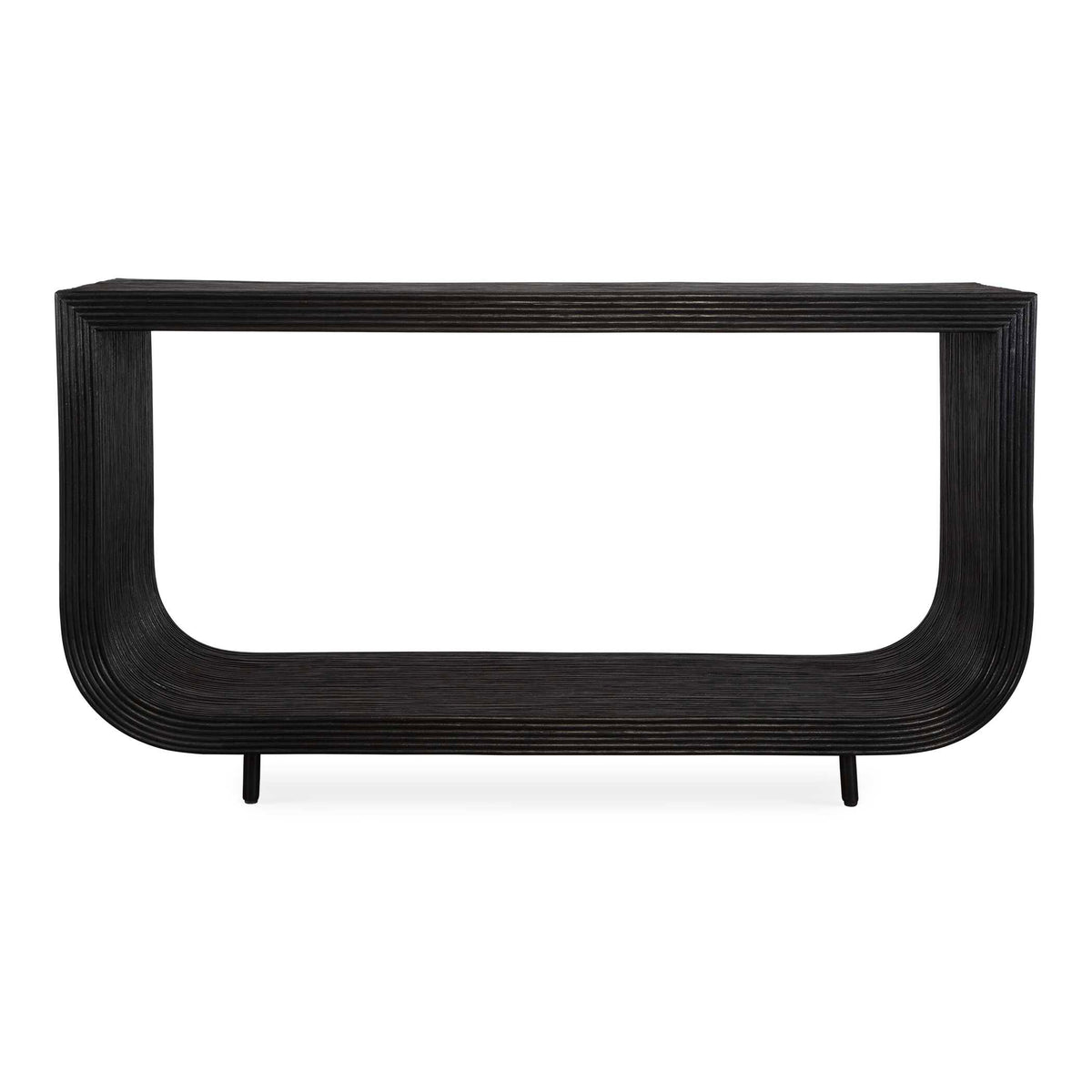58-inch rattan console table in a black finish with mahogany wood, front view