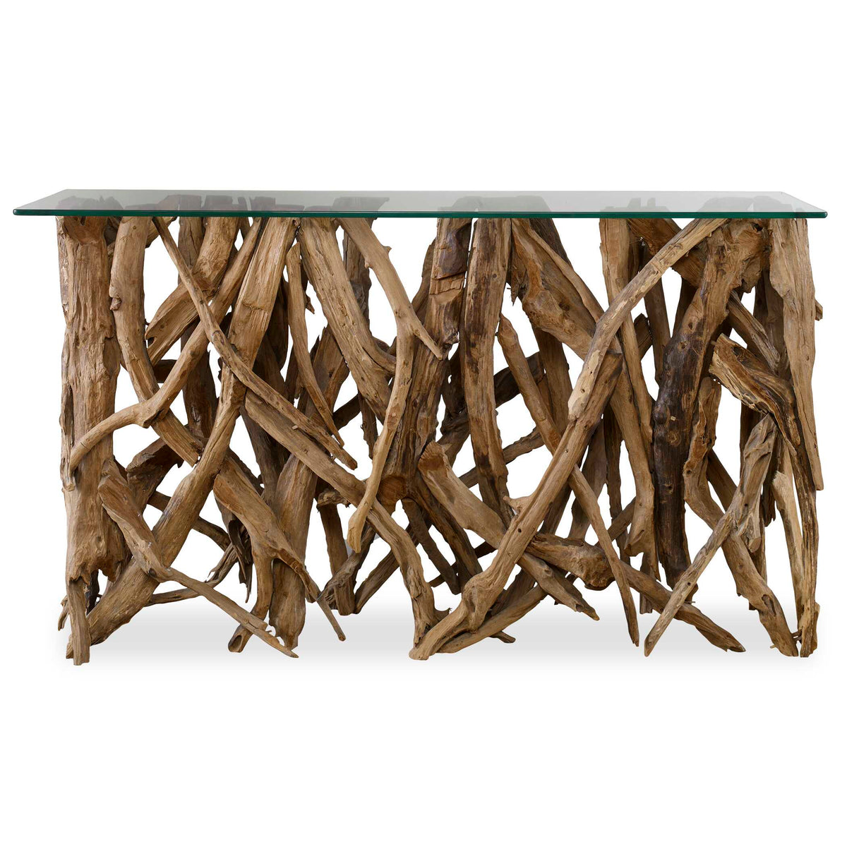 59-inch natural teak wood console table with a clear glass top, front view