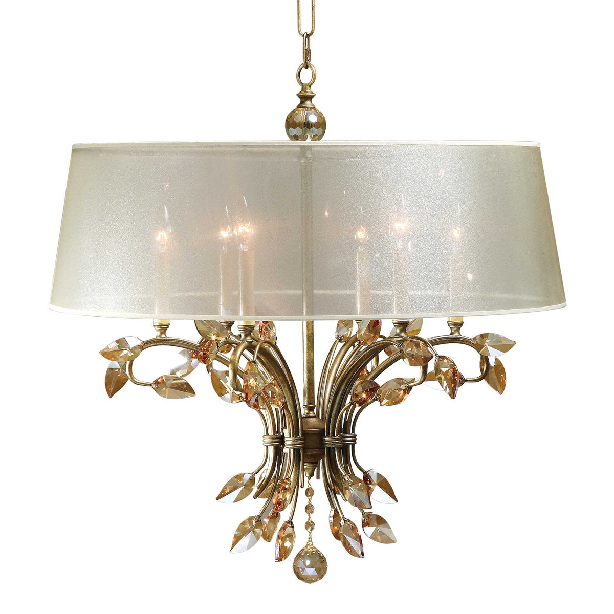 29 inch gold crystal leaf 6-light chandelier with fabric shade