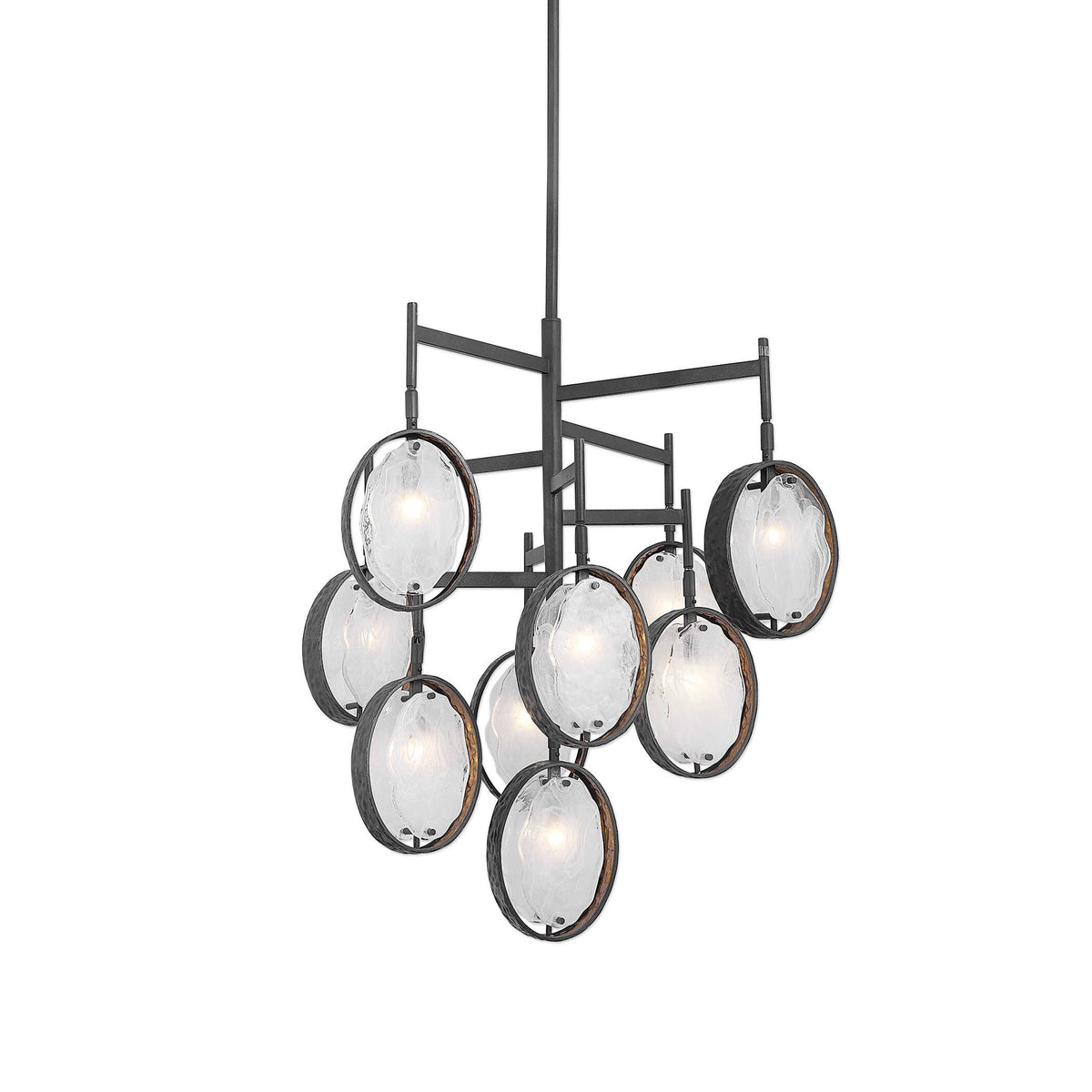 30 inch dark bronze mid-century 9-light glass ring chandelier