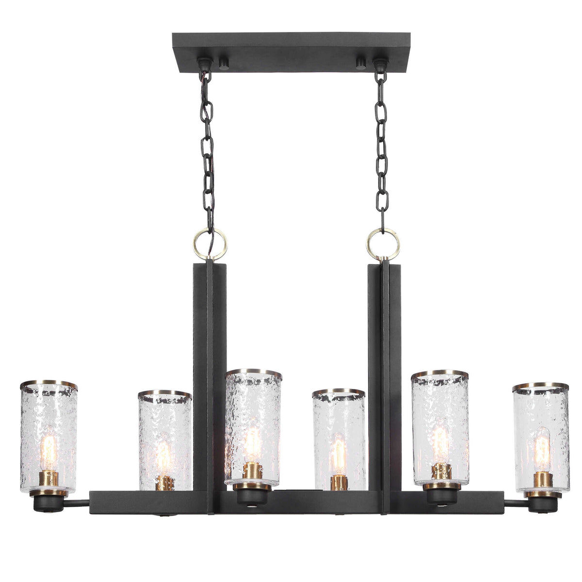 45 inch black and brass industrial 6-light island light with clear glass, lit front view