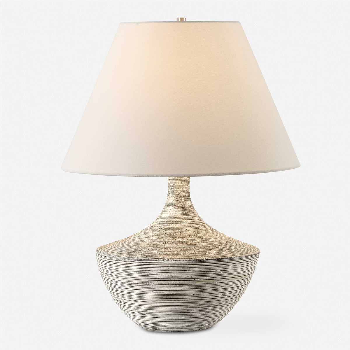 21" Black and White Ribbed Ceramic Table Lamp with Brushed Nickel Details