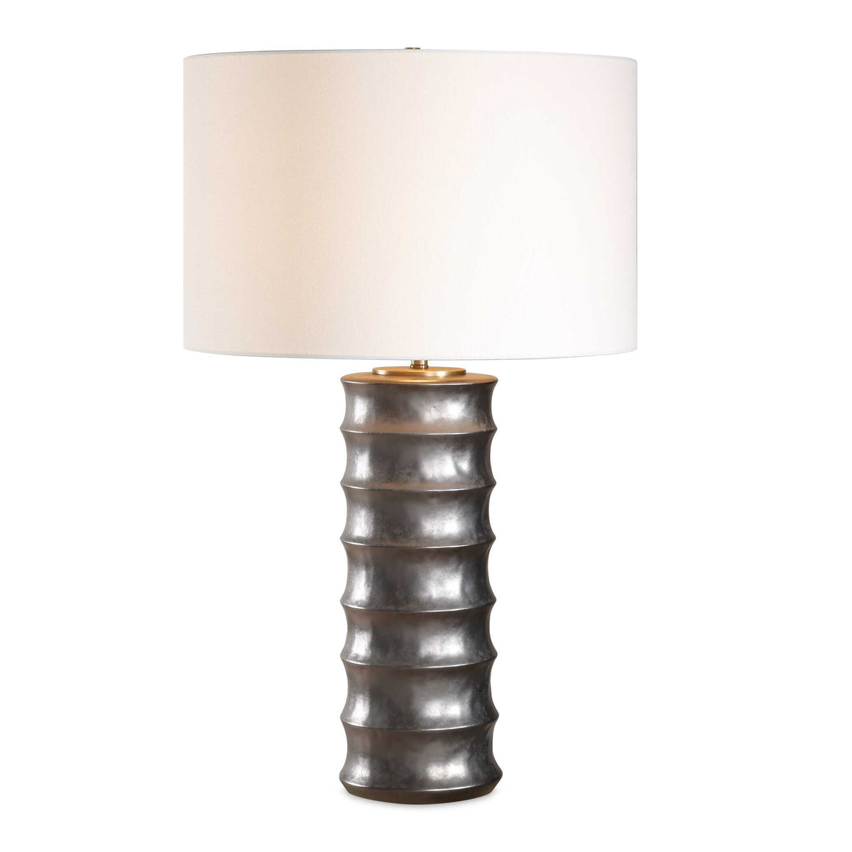 29 inch Dark Bronze Scalloped Porcelain Table Lamp with White Linen Shade