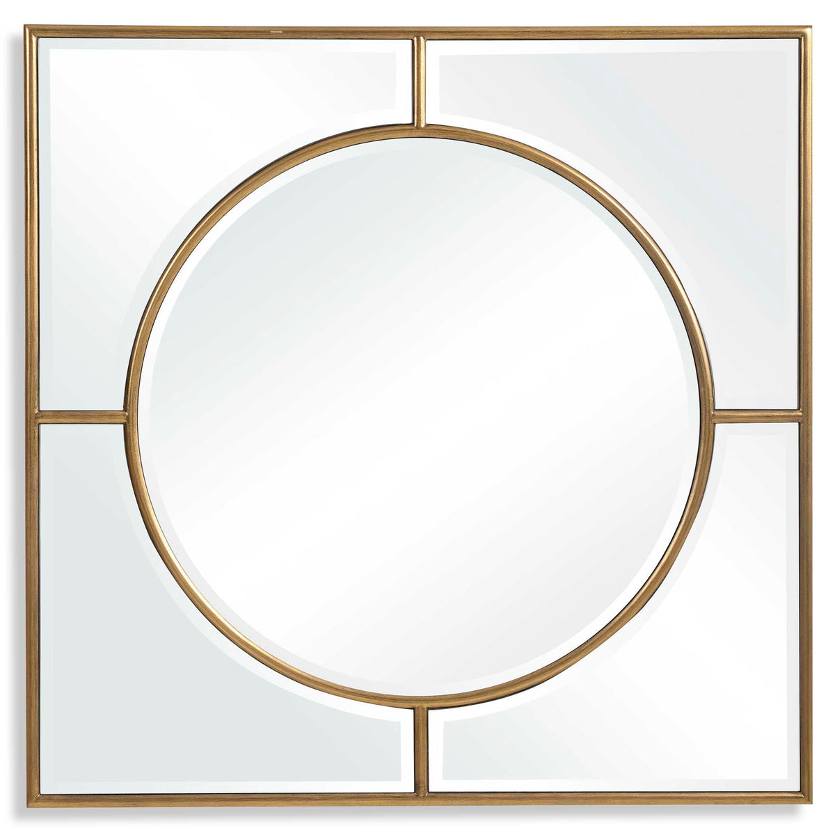 48 inch square brushed gold wall mirror with curved beveled mirrors