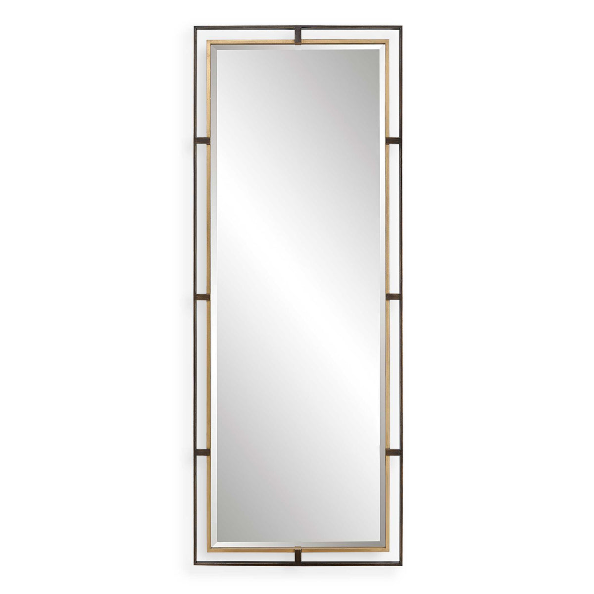 32 x 82 inch tall rustic bronze and gold leaf iron beveled mirror