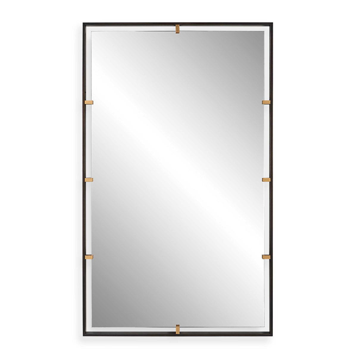 30 x 50 inch aged bronze rectangle floating wall mirror with gold clips