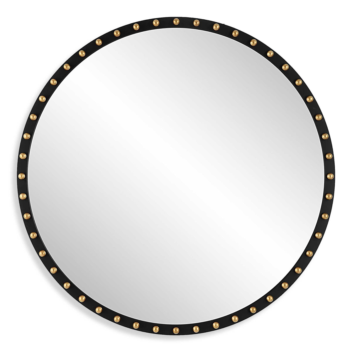 50 inch oversized round matte black wood mirror with gold leaf balls