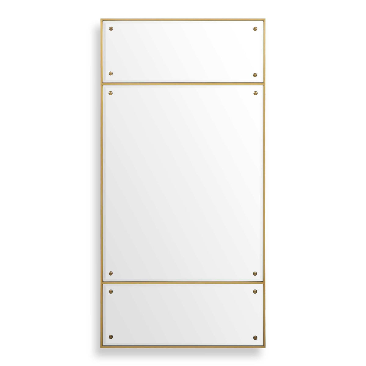 30 x 60 inch plated brass rectangle wall mirror with bronze medallions