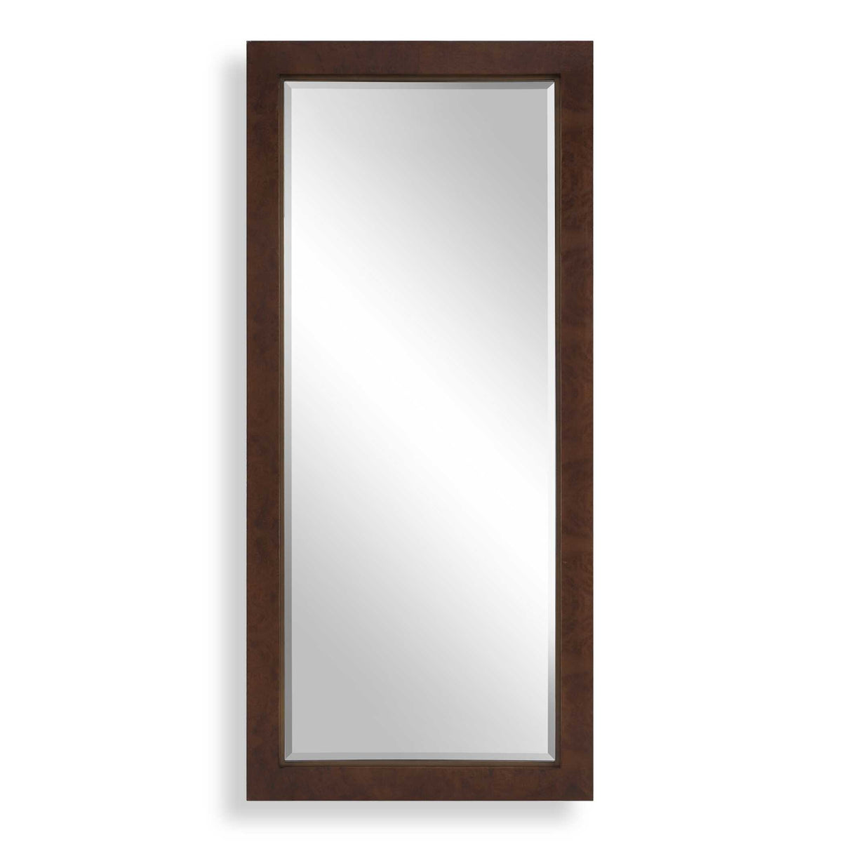 34 x 73 inch tall burl veneer wood wall mirror with beveled glass