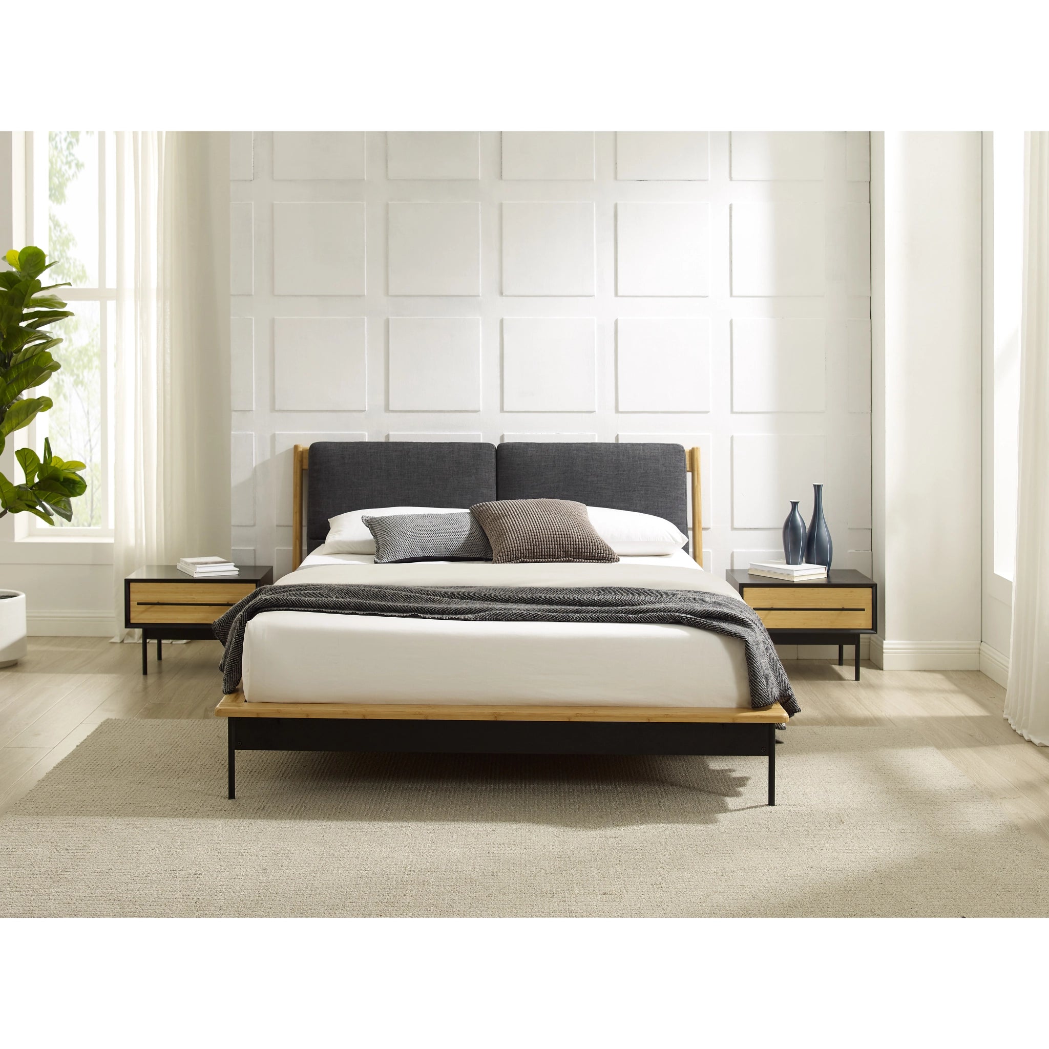 Queen Solid Bamboo Santa Cruz Upholstered Platform Bed, Wheat by Greenington image 1
