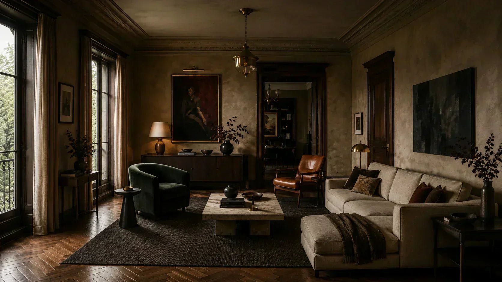 Wide-angle refined townhouse living room with walnut, clay plaster, smoked glass, warm lighting, and restrained old money character