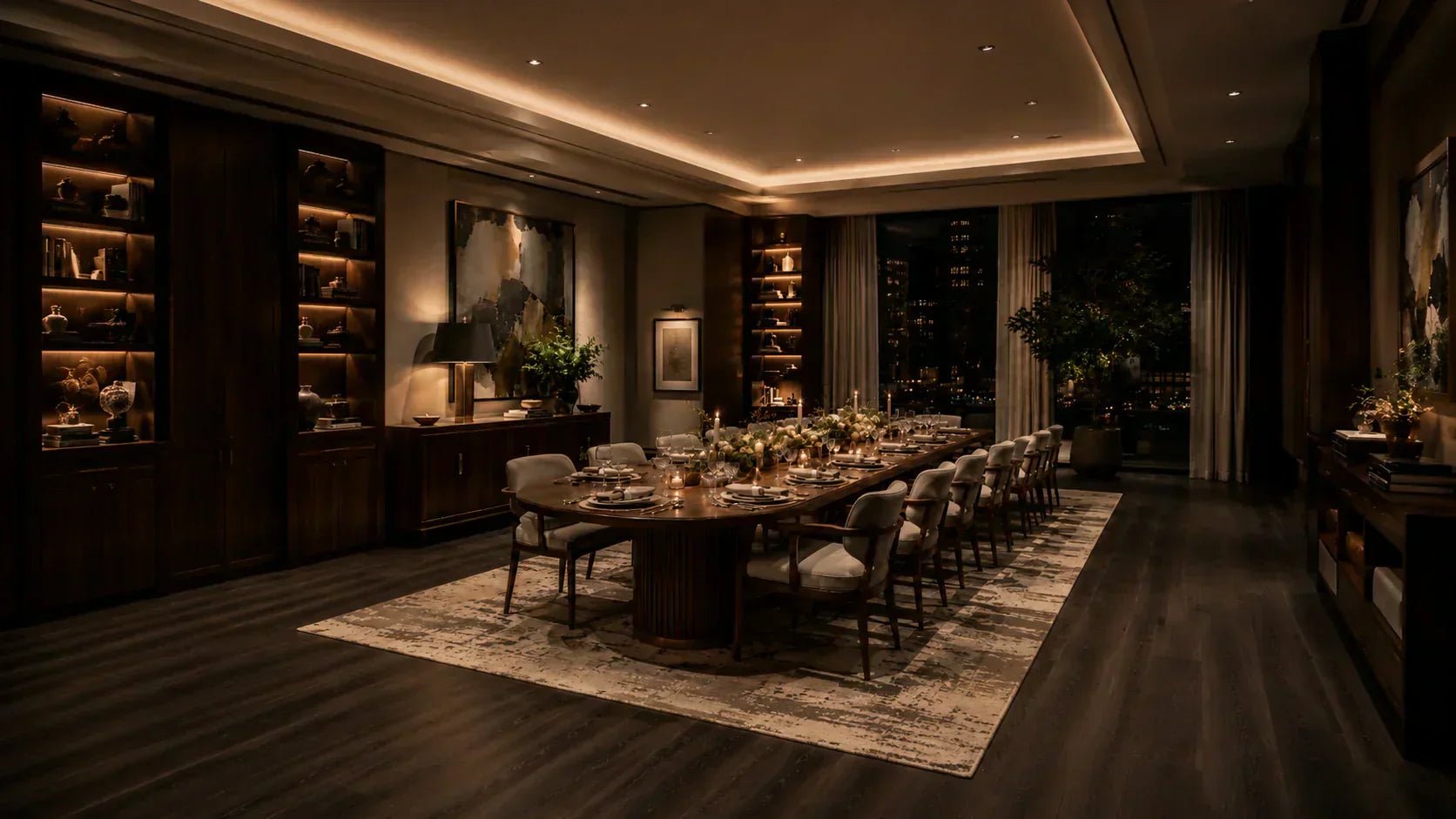 Wide-angle pre-dinner scene with an elegant table and warm AURA-style ambiance