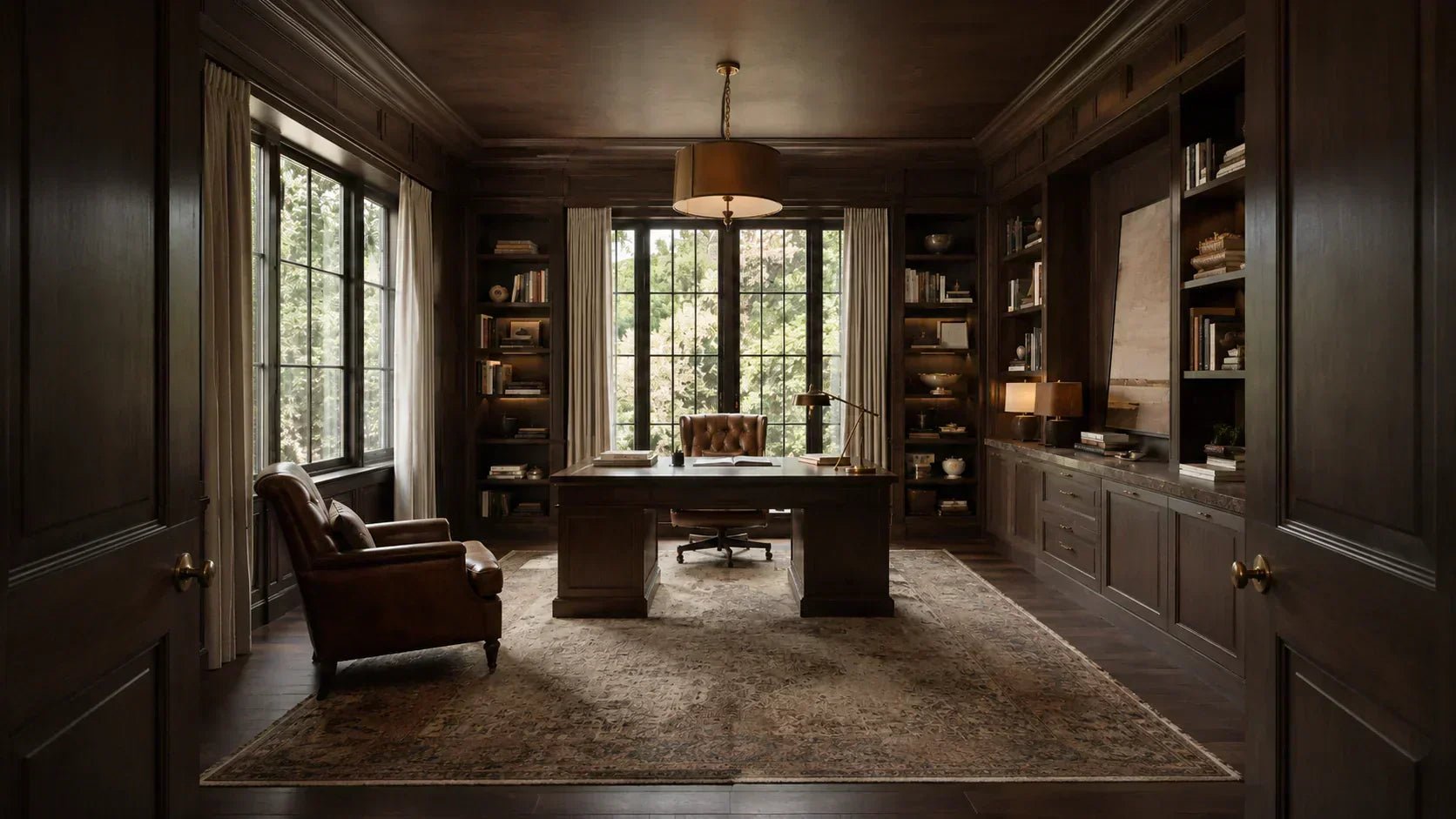 Stately old money study with a dark walnut desk, built-in bookshelves, leather chair, brass lamp, and layered warm lighting.
