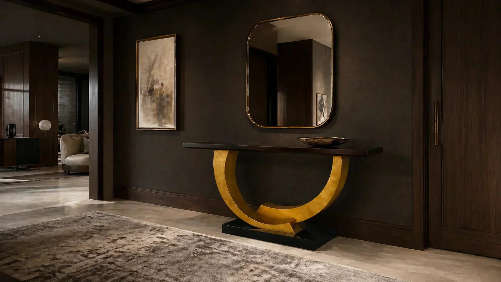 Mid-Century Modern Old Money entryway with the focal piece styled in warm wood, tailored lighting, and collected artwork