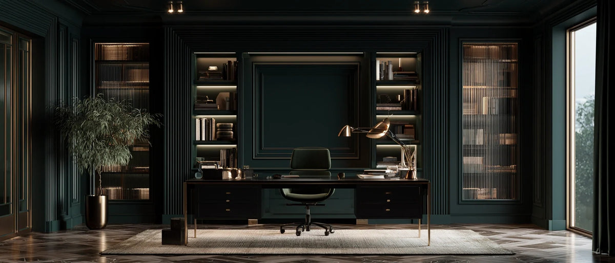 Ultra-realistic, elegant editorial interior photograph of a lacquer-and-brass desk in a moody home office, jewel-toned walls, mirrored accents and a statement lamp, warm lamplight over an open book at dusk, color-drenched atmosphere