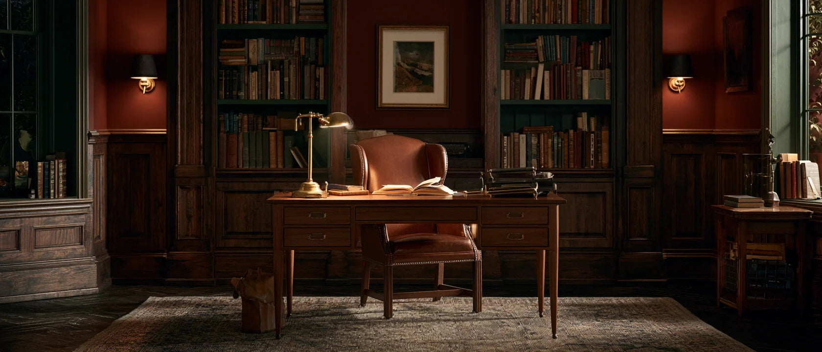 Ultra-realistic, elegant editorial interior photograph of a walnut writing desk in a moody home office, oxblood walls, leather chair, brass banker's lamp and antique books, warm lamplight over an open book at dusk, color-drenched atmosphere