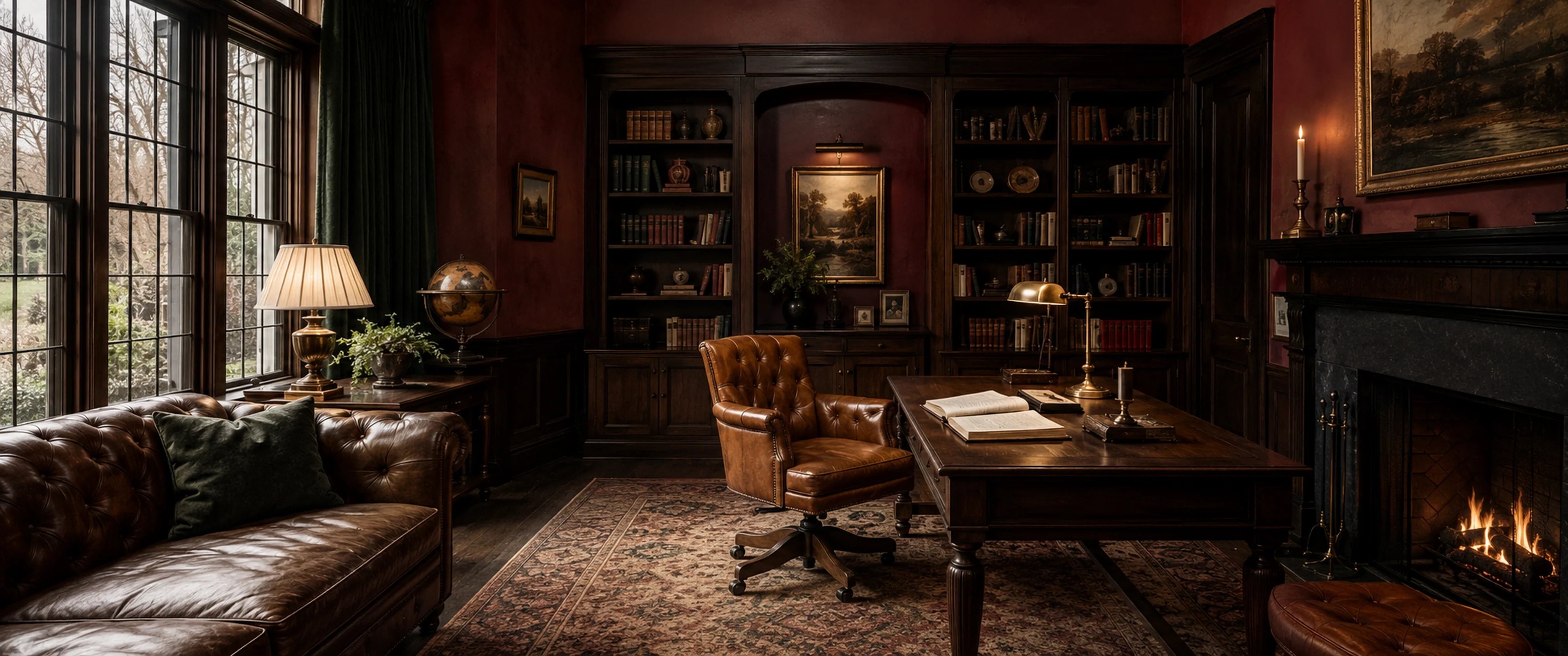 Ultra-realistic, elegant editorial interior photograph of a dark academia study drenched in oxblood walls and walnut paneling, aged cognac leather chair, floor-to-ceiling bookshelves, a brass banker's lamp glowing over an open book