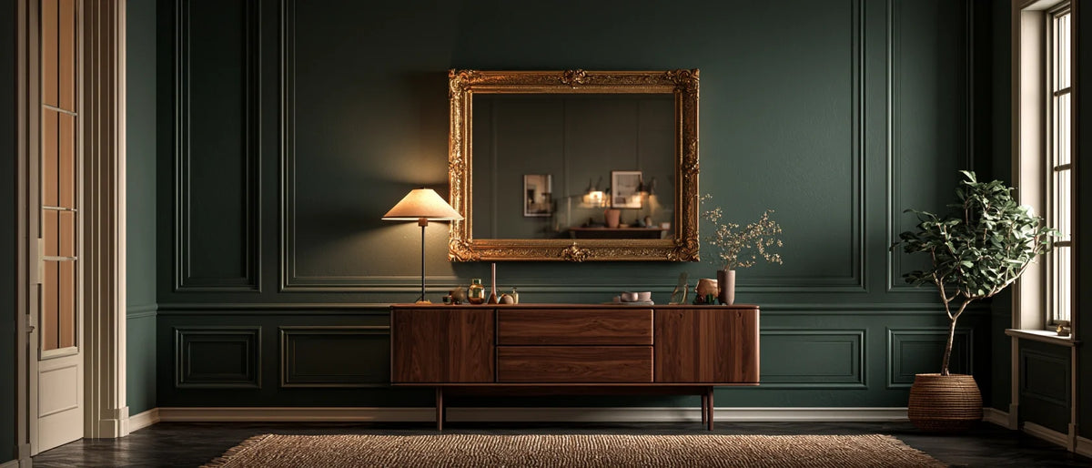 Ultra-realistic, elegant editorial interior photograph of an ornate gold wall mirror on a color-drenched deep green wall, gilded frame catching warm lamplight above a console styled with objects, moody cinematic light. 