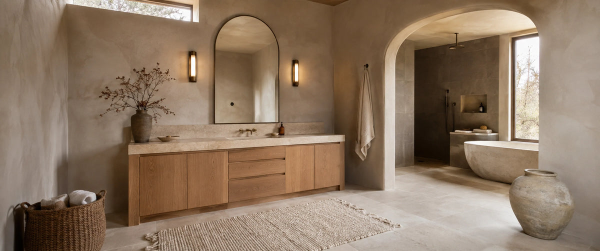 Ultra-realistic, elegant editorial interior photograph of an oak vanity with a stone countertop in a moody bathroom, clay plaster walls, an arched mirror and dried branches, dark stone counter, warm sconce light and evening shadow