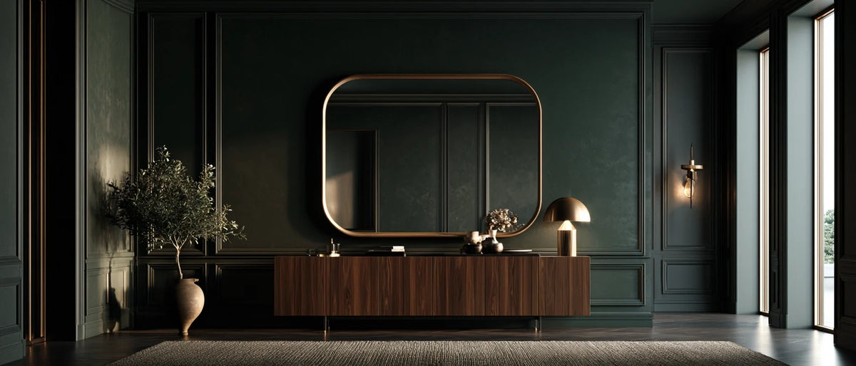 Ultra-realistic, elegant editorial interior photograph of a large statement wall mirror on a color-drenched deep green wall above a walnut console, brass frame catching warm lamplight, moody styled vignette, cinematic. 