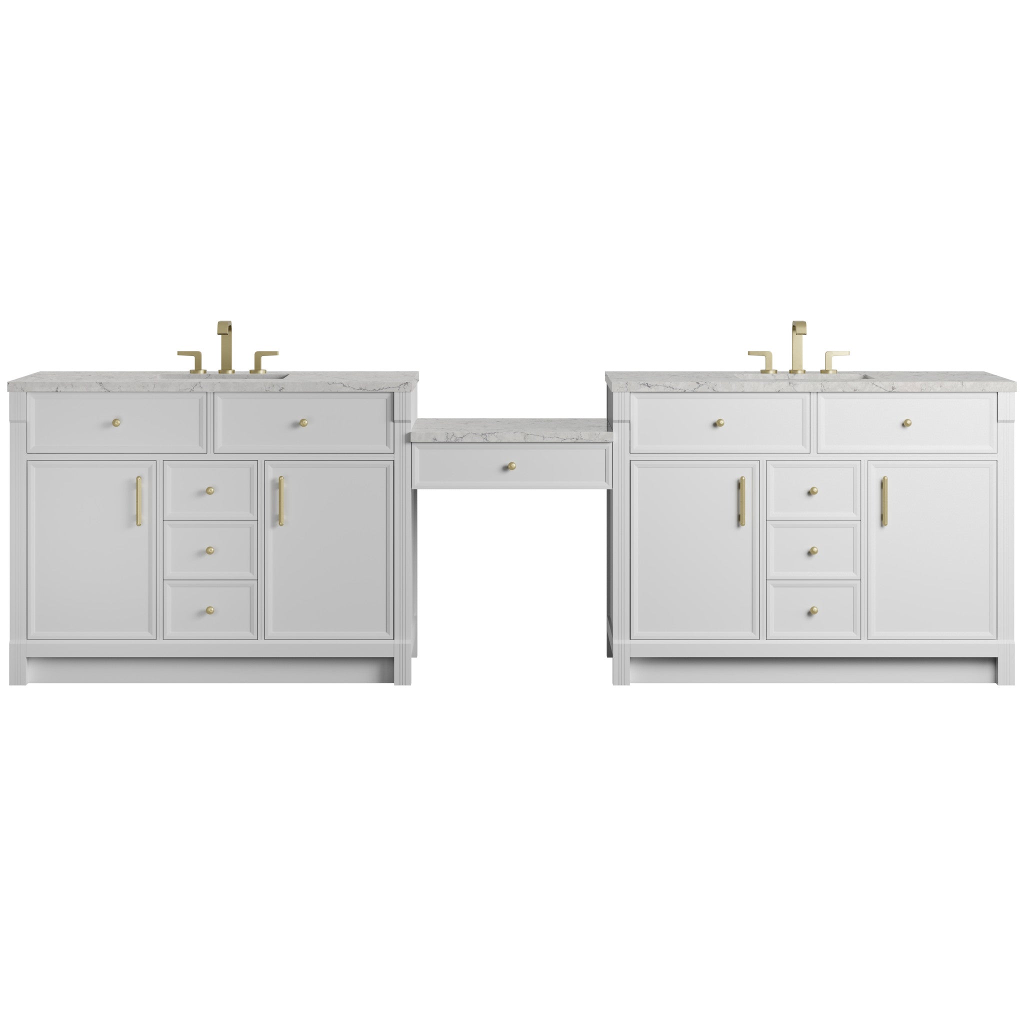 120" Bellshire Dual Vanity in Bright White with 24" Make-Up Counter w/FreePower Wireless Charger by James Martin Vanities-Eternal Jasmine Pearl Silestone 