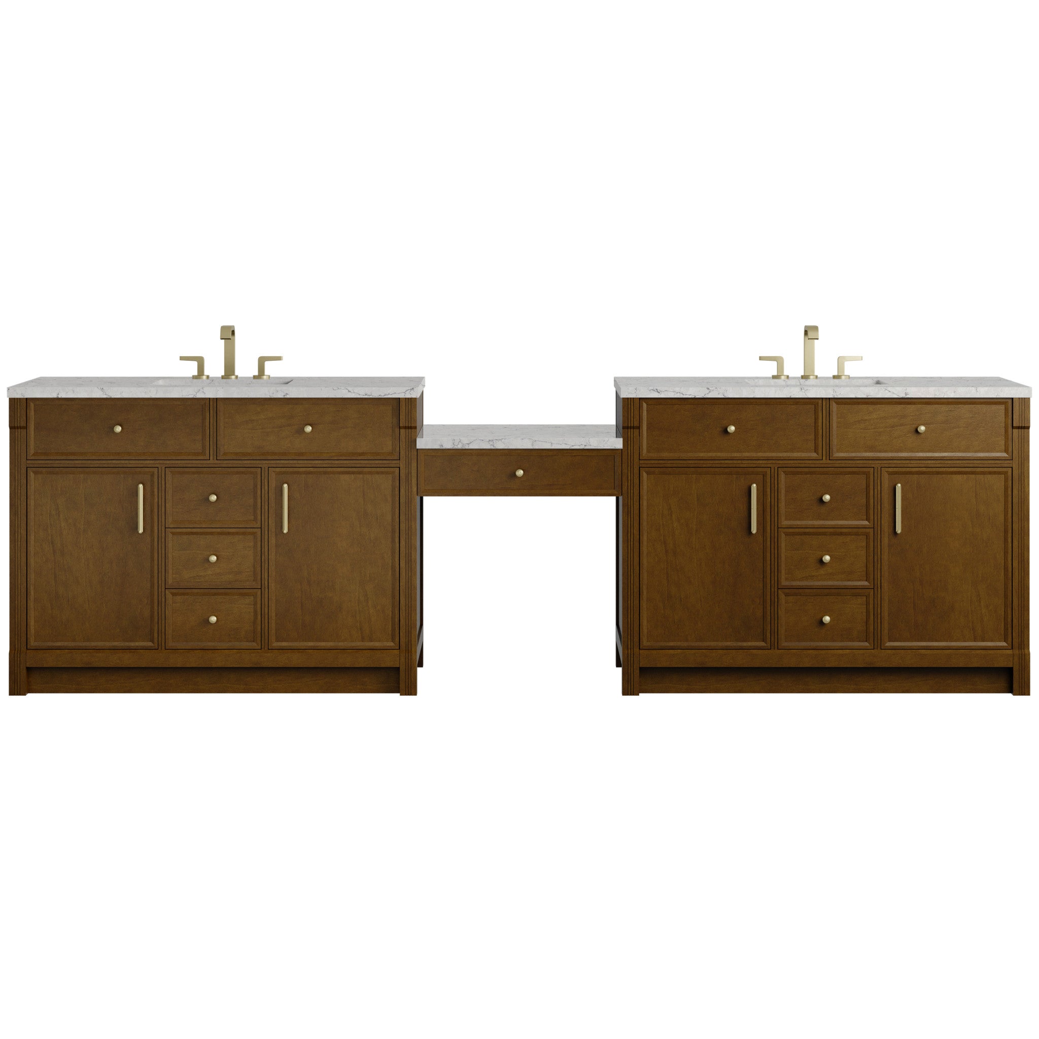 120" Bellshire Dual Vanity in Honey Oak with 24" Make-Up Counter w/FreePower Wireless Charger by James Martin Vanities-Eternal Jasmine Pearl Silestone 