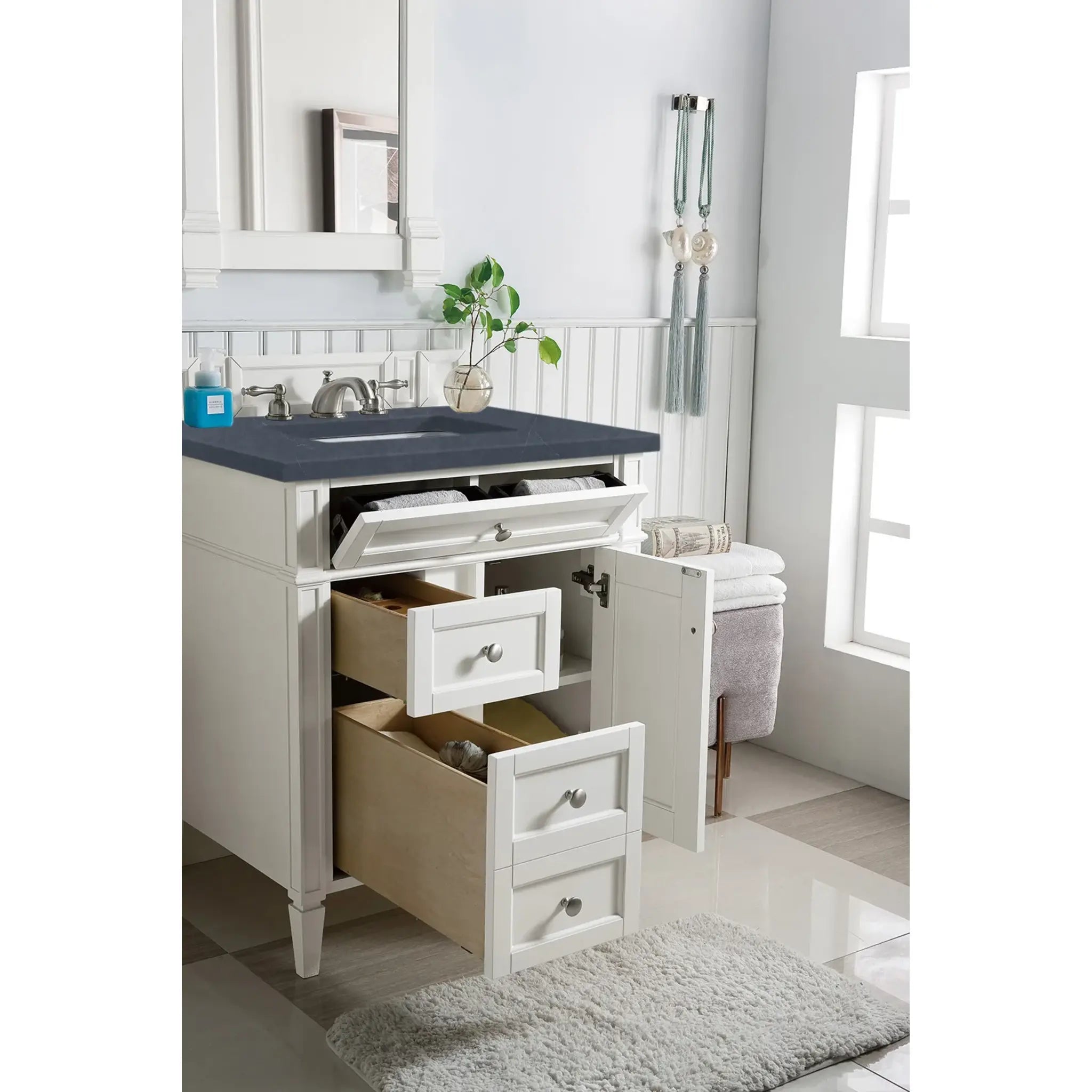 30" Brittany Single Vanity in Bright White-Charcoal Soapstone Silestone-8" Widespread image 3
