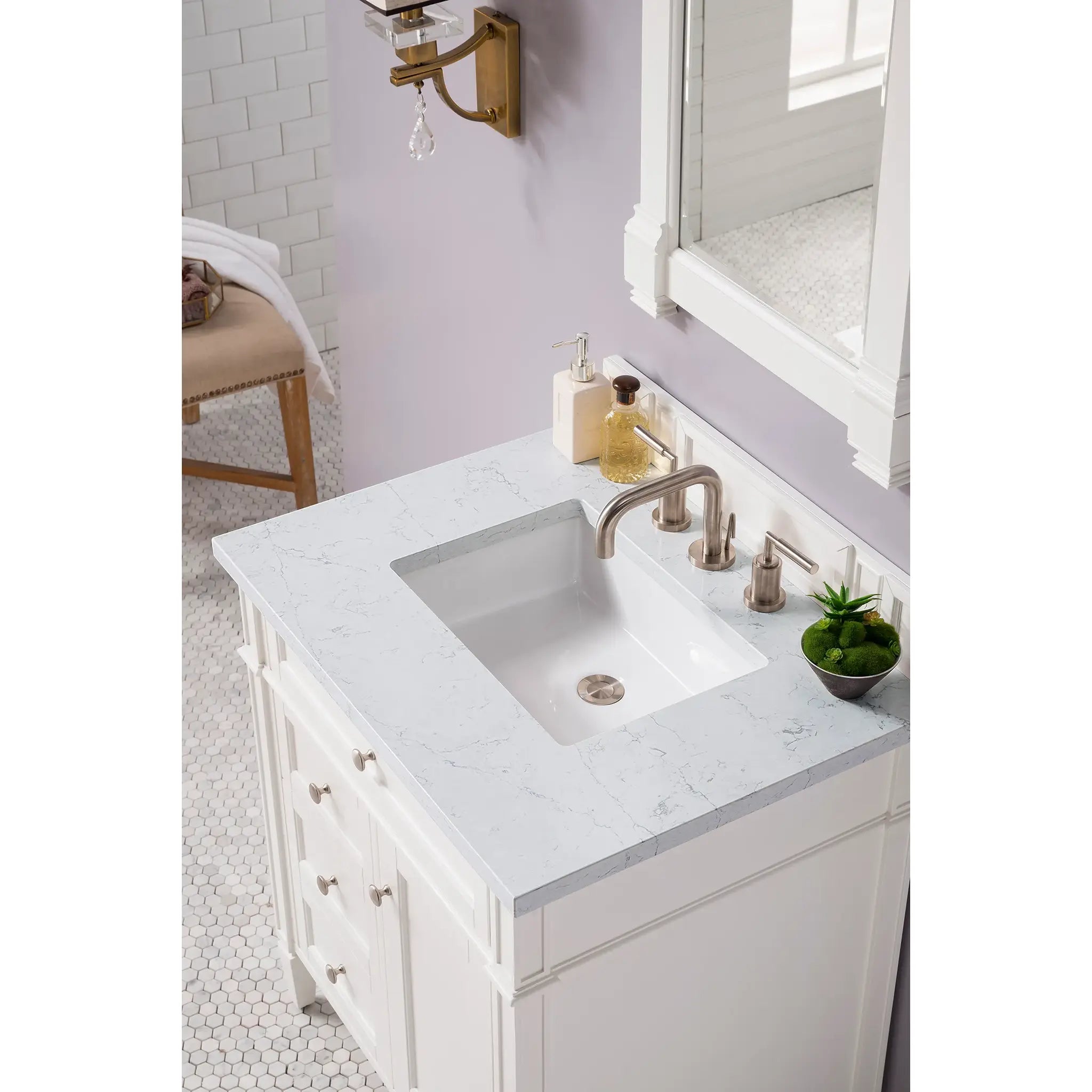 30" Brittany Single Vanity in Bright White-Eternal Jasmine Pearl Silestone-8" Widespread image 2
