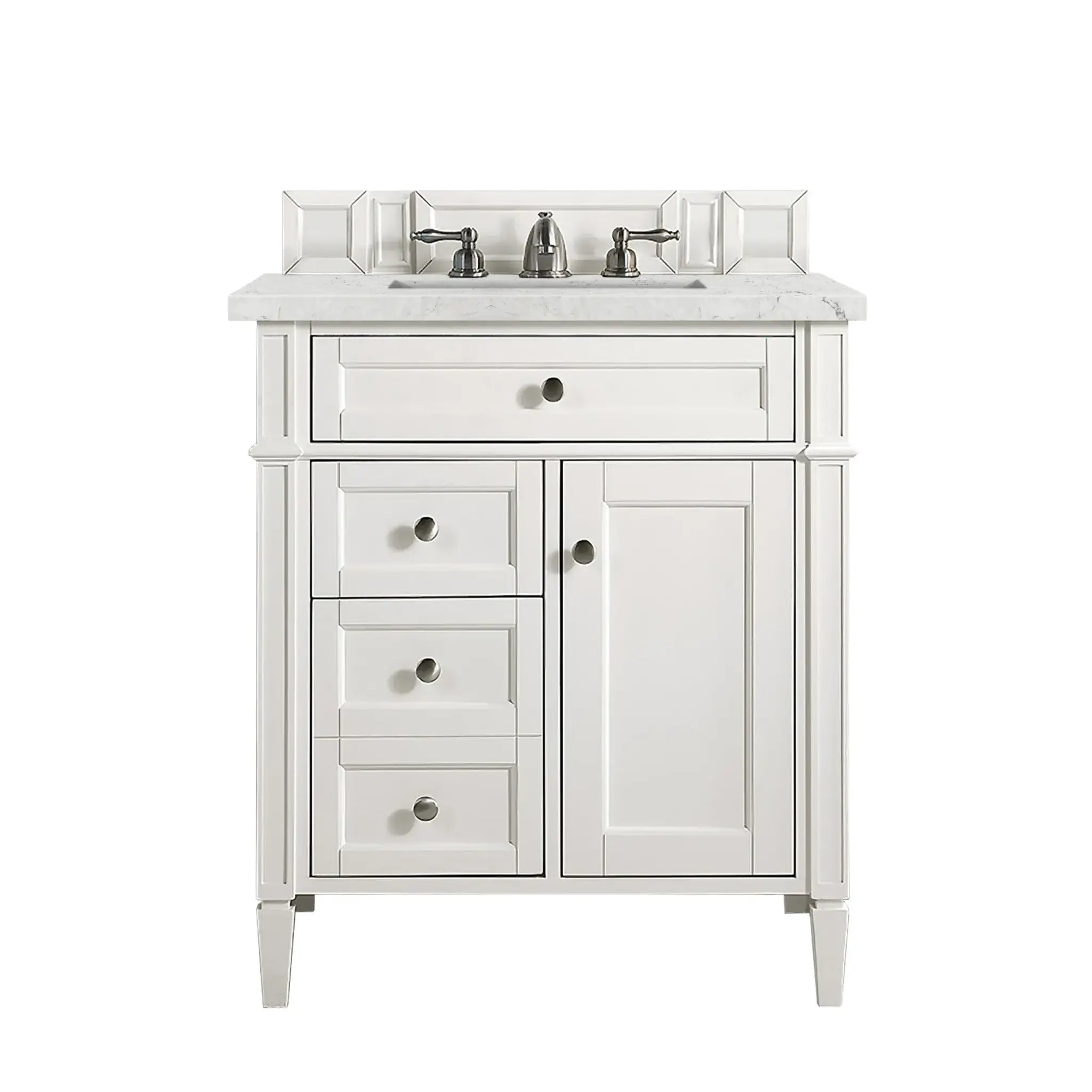 30" Brittany Single Vanity in Bright White-Eternal Jasmine Pearl Silestone-8" Widespread image