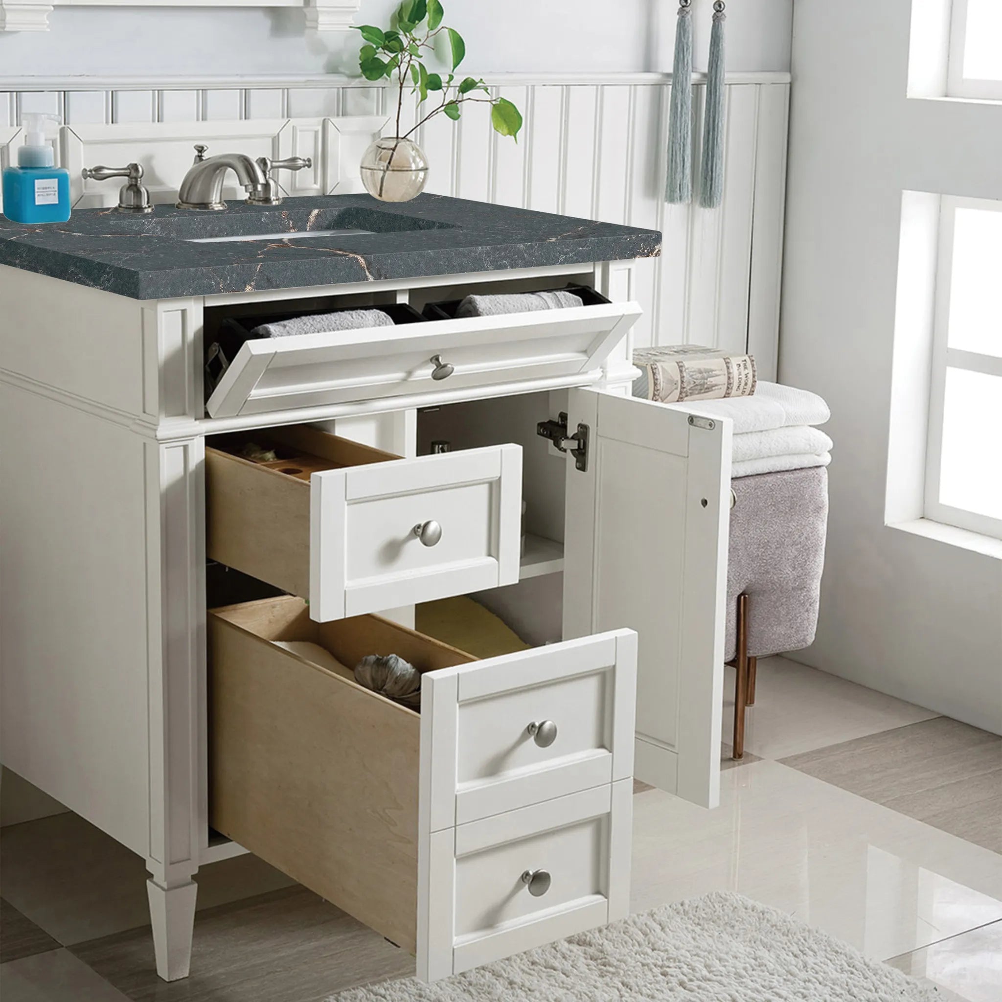30" Brittany Single Vanity in Bright White-Parisien Bleu Silestone-8" Widespread image 3