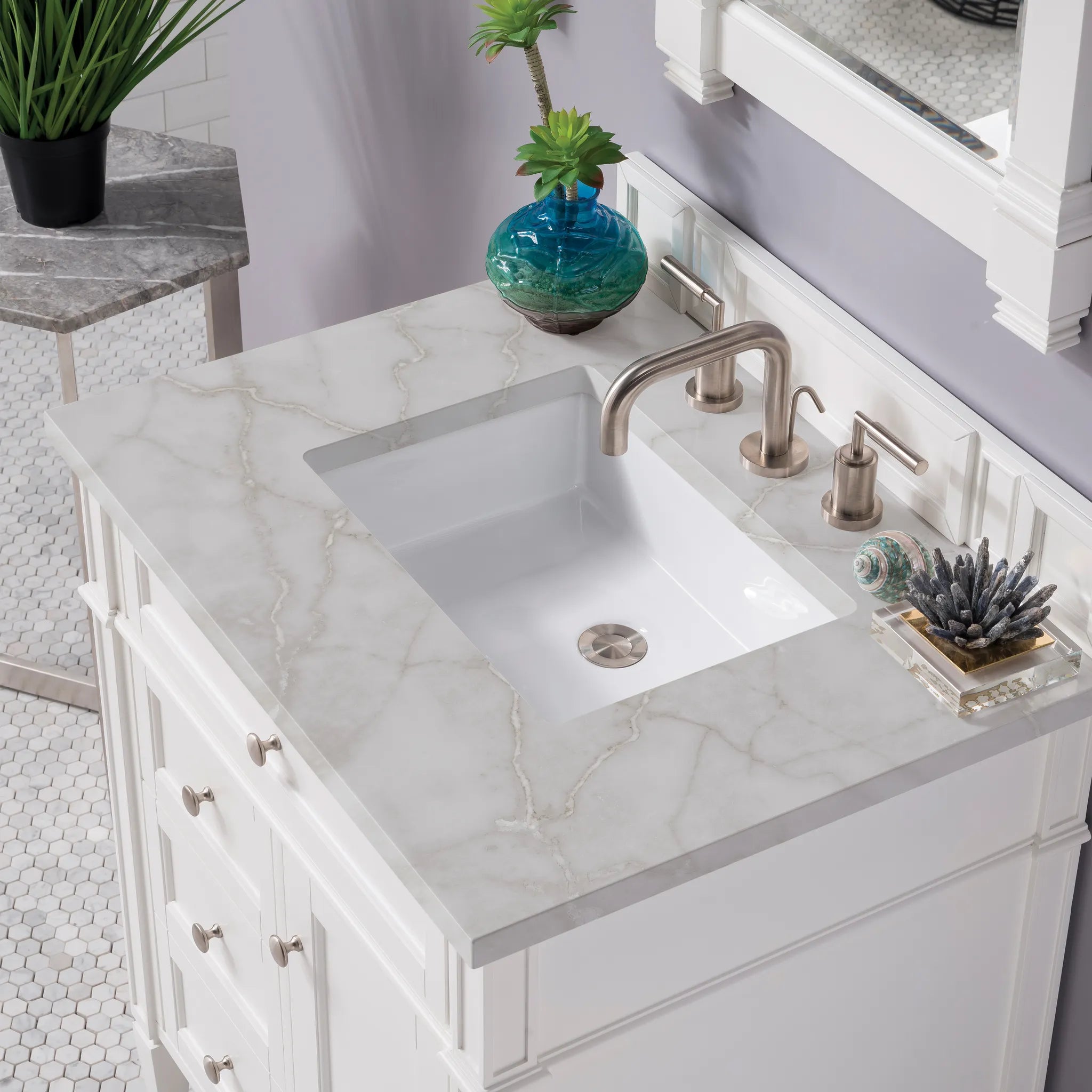 30" Brittany Single Vanity in Bright White-Victorian Silver Silestone-8" Widespread image 4