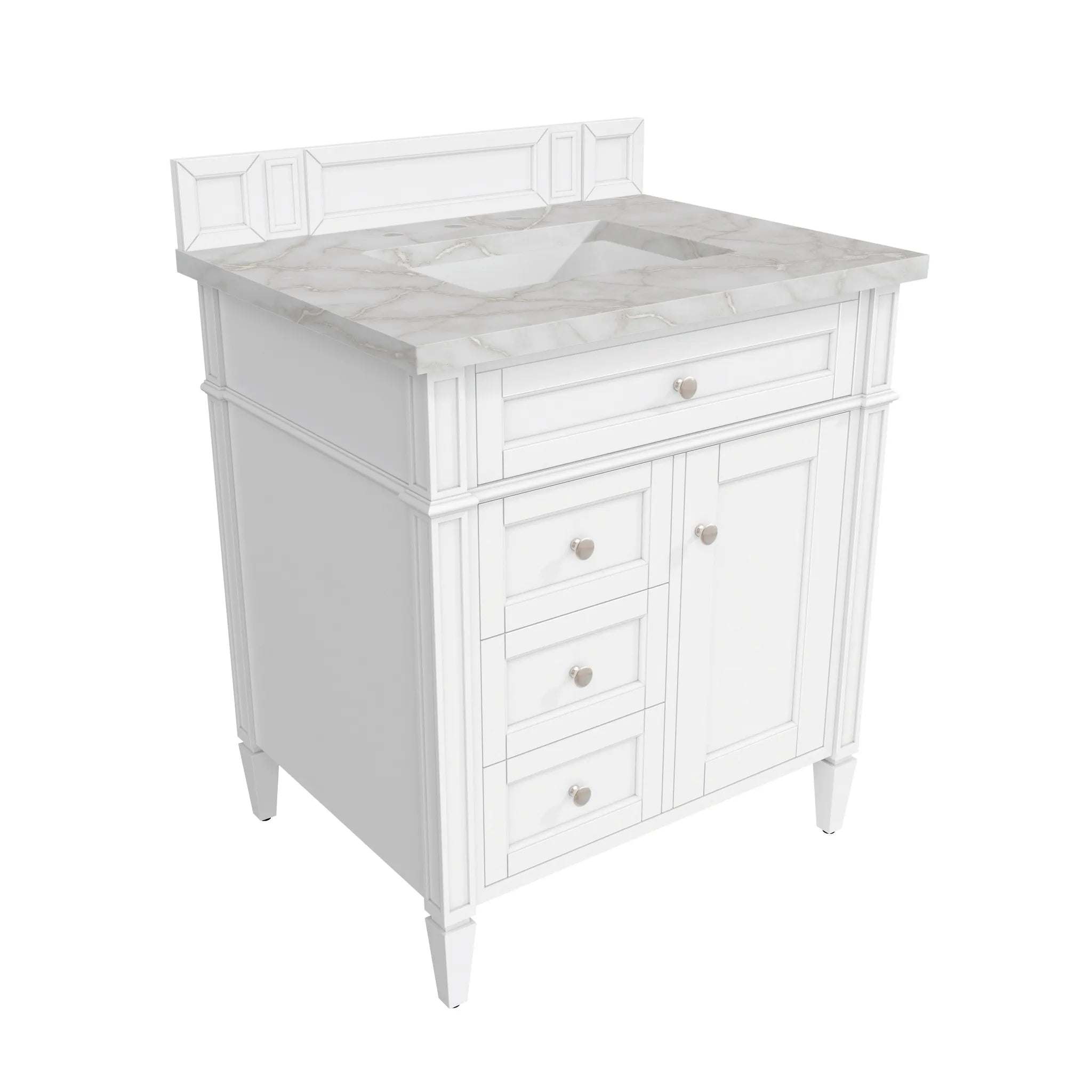 30" Brittany Single Vanity in Bright White-Victorian Silver Silestone-8" Widespread image 5