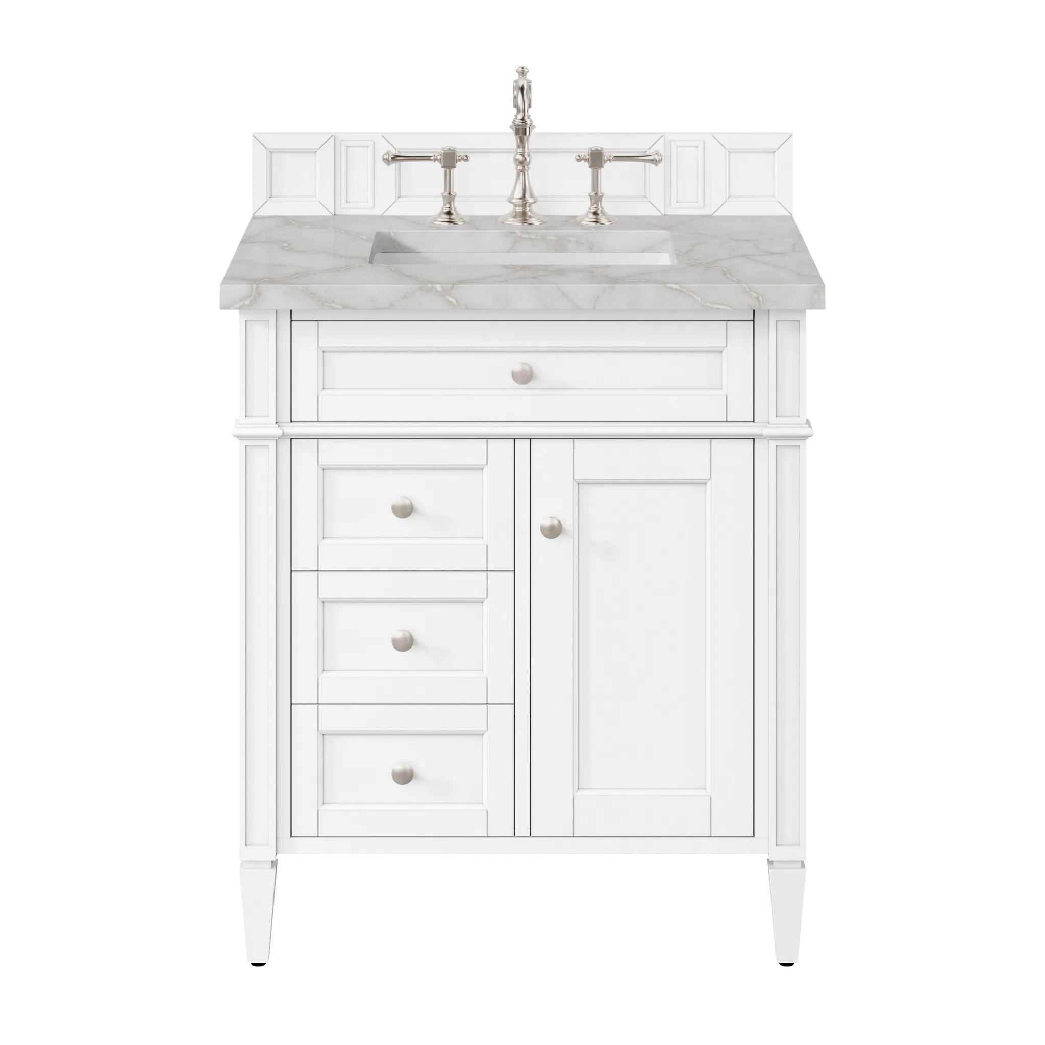 30" Brittany Single Vanity in Bright White-Victorian Silver Silestone-8" Widespread image