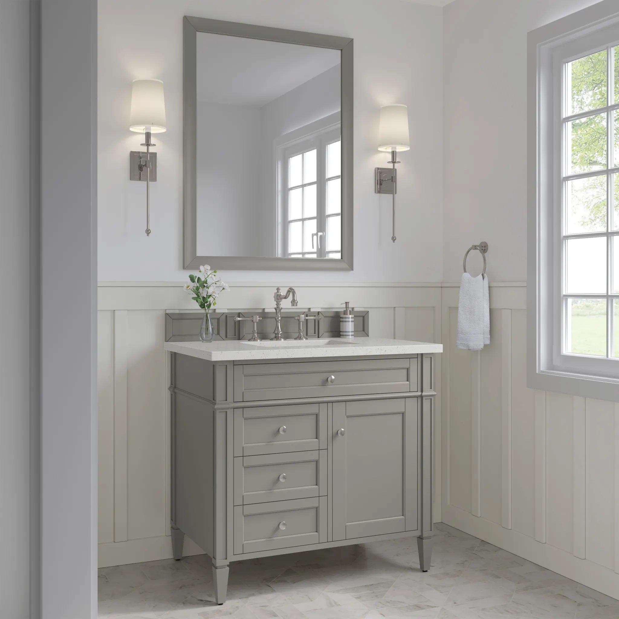36" Brittany Single Vanity in Urban Gray-Lime Delight Silestone-8" Widespread image 2