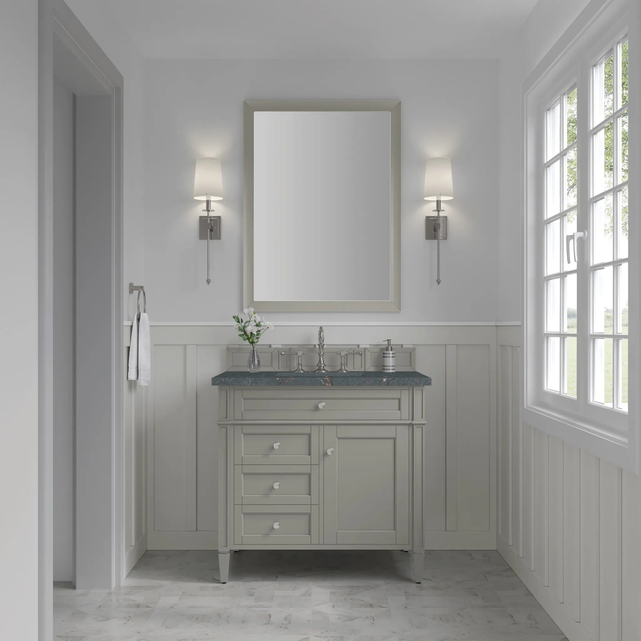 36" Brittany Single Vanity in Urban Gray-Parisien Bleu Silestone-8" Widespread image 1