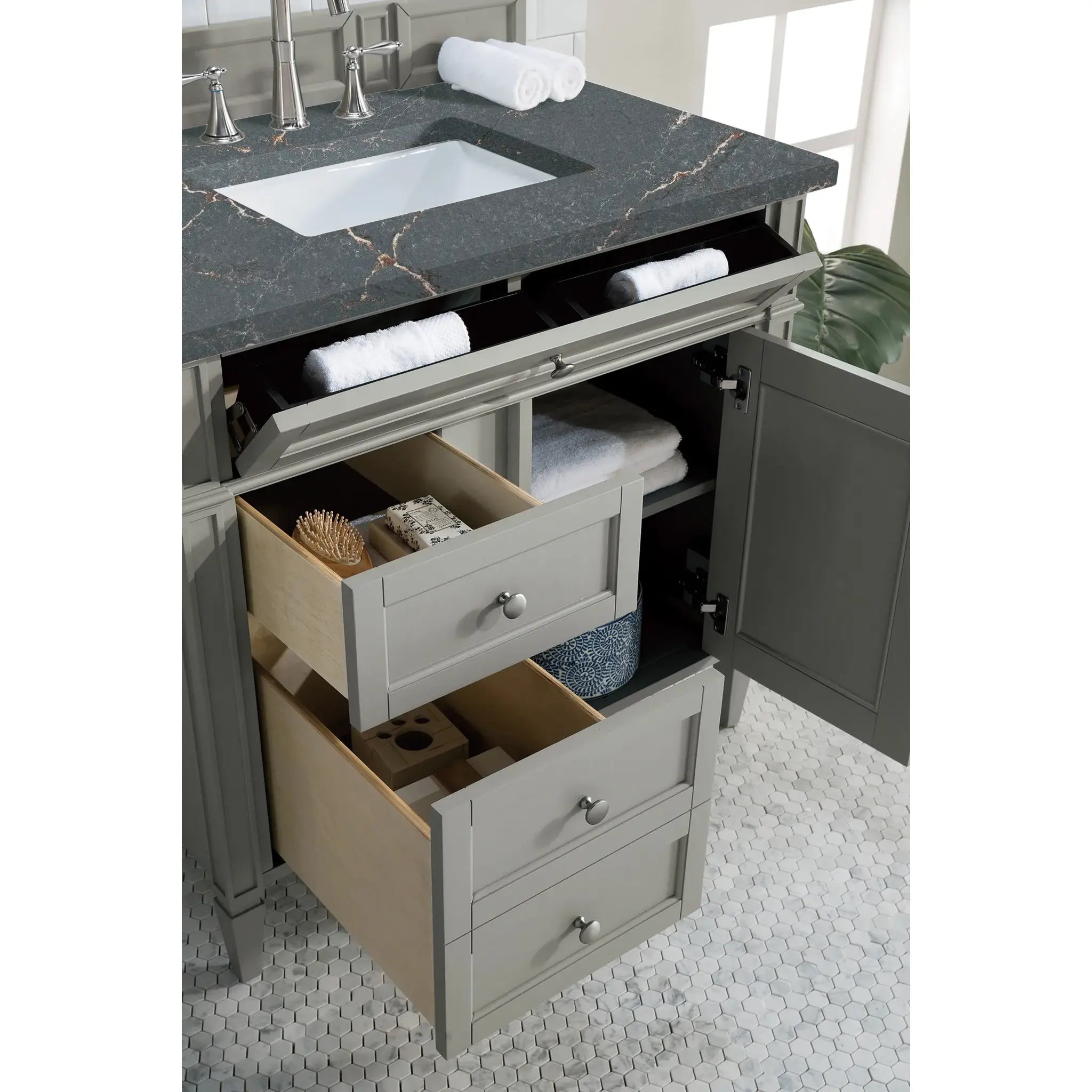36" Brittany Single Vanity in Urban Gray-Parisien Bleu Silestone-8" Widespread image 3