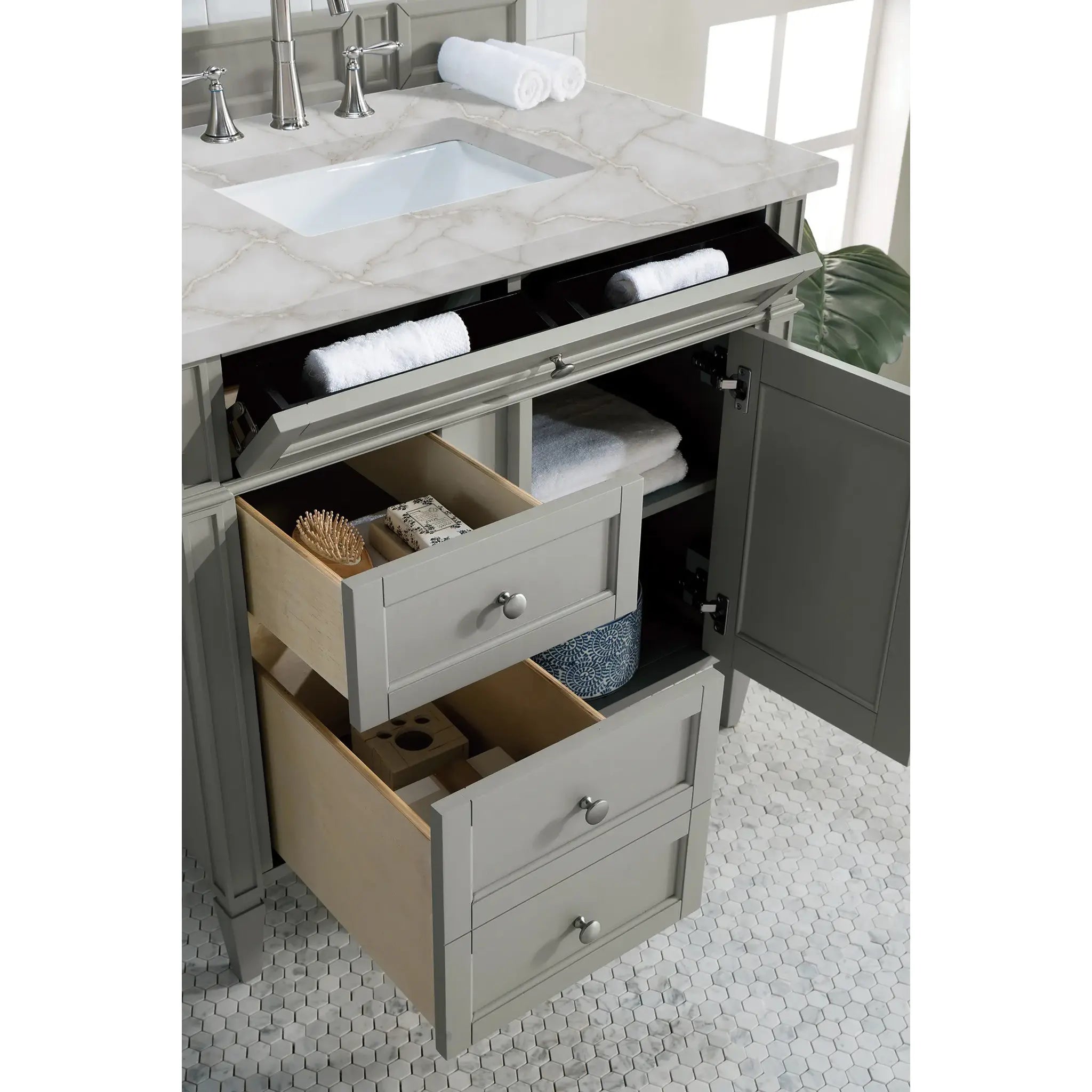 36" Brittany Single Vanity in Urban Gray-Victorian Silver Silestone-8" Widespread image 3
