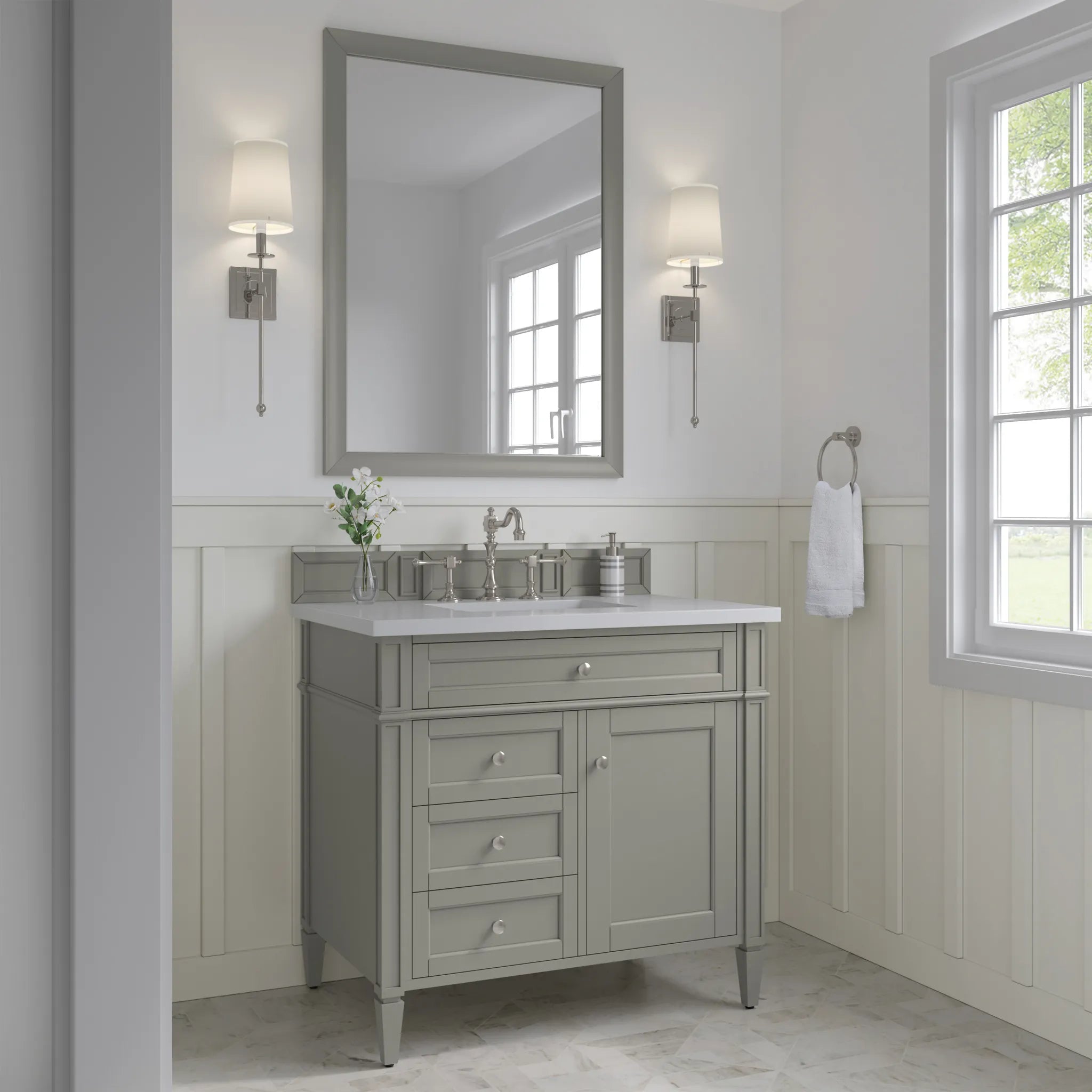 36" Brittany Single Vanity in Urban Gray-White Zeus Silestone-8" Widespread image 1
